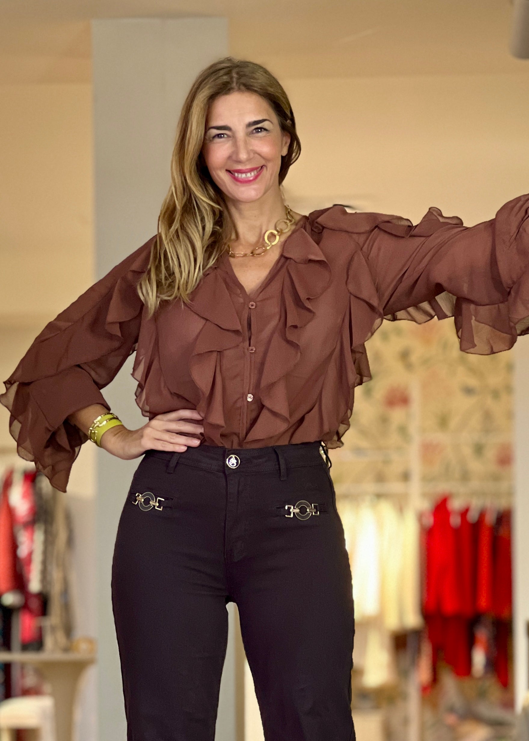 Brown chiffon blouse with chic ruffles for women | Nuria Cobo