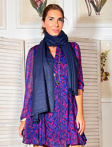 NAVY VISCOSE FOULARD SCARF