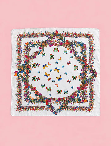 White neck scarf with flowers and butterflies (name Nuria pending)