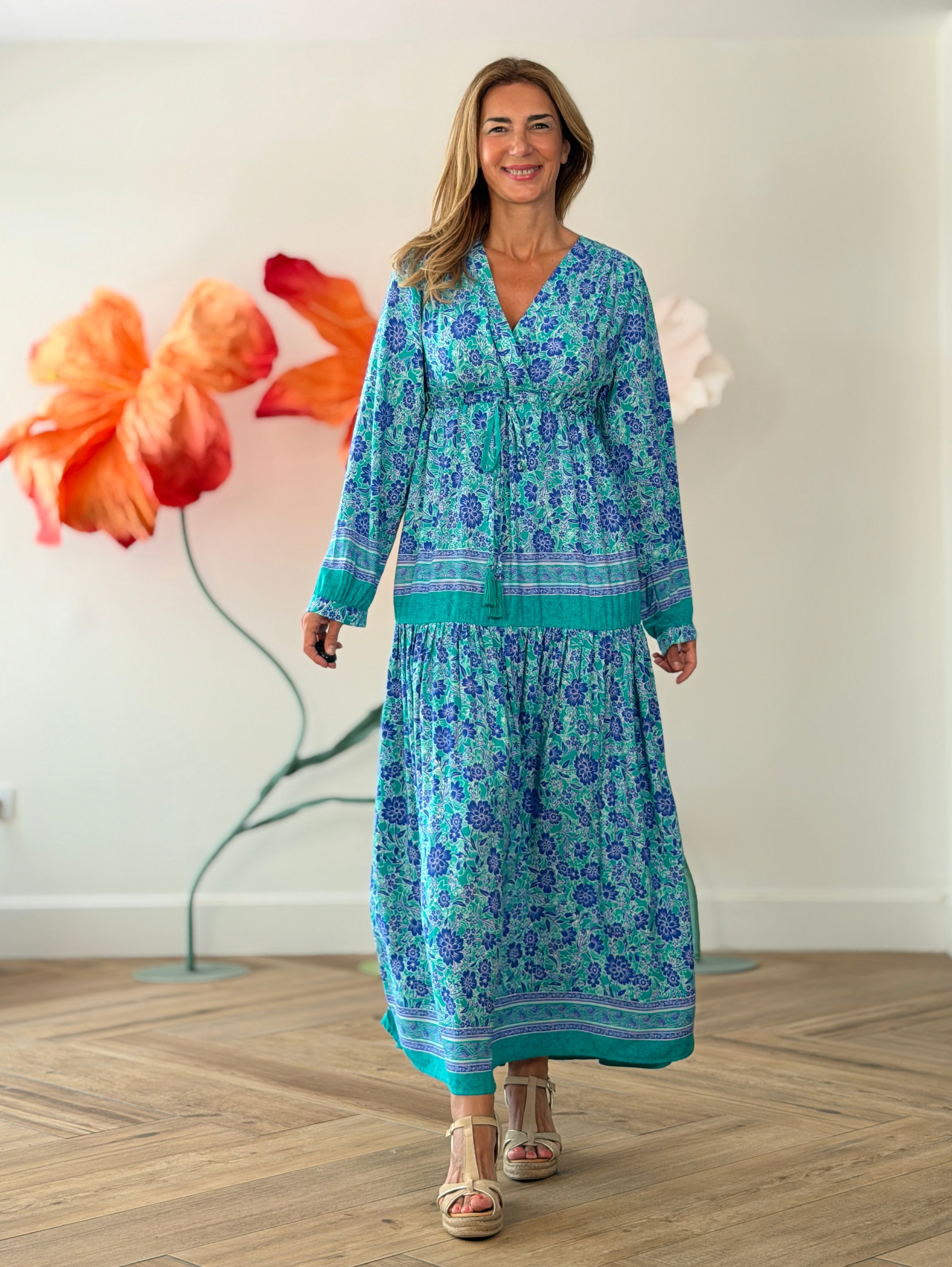 Vestido largo boho estampado azul