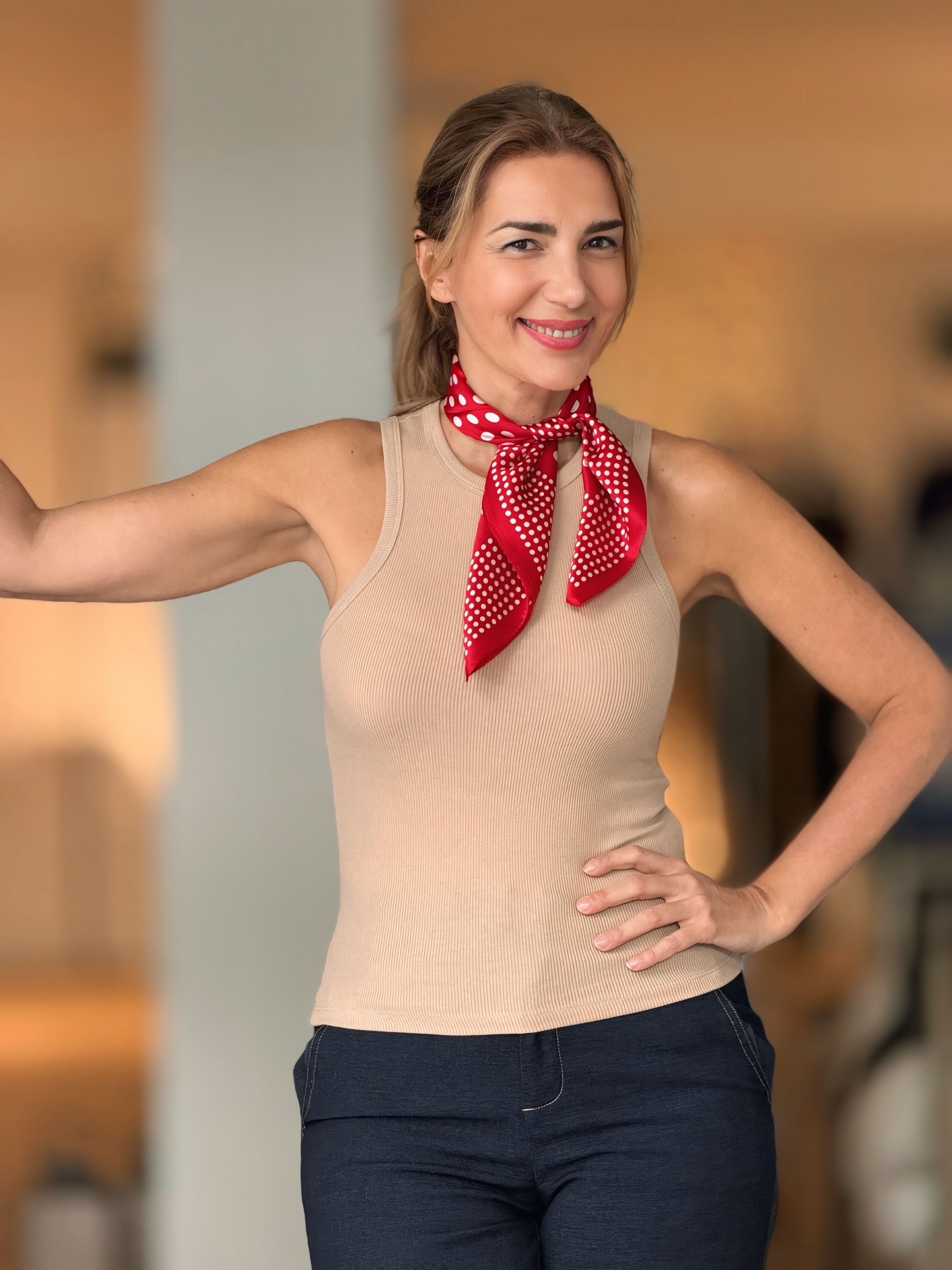 Red polka dot silk scarf
