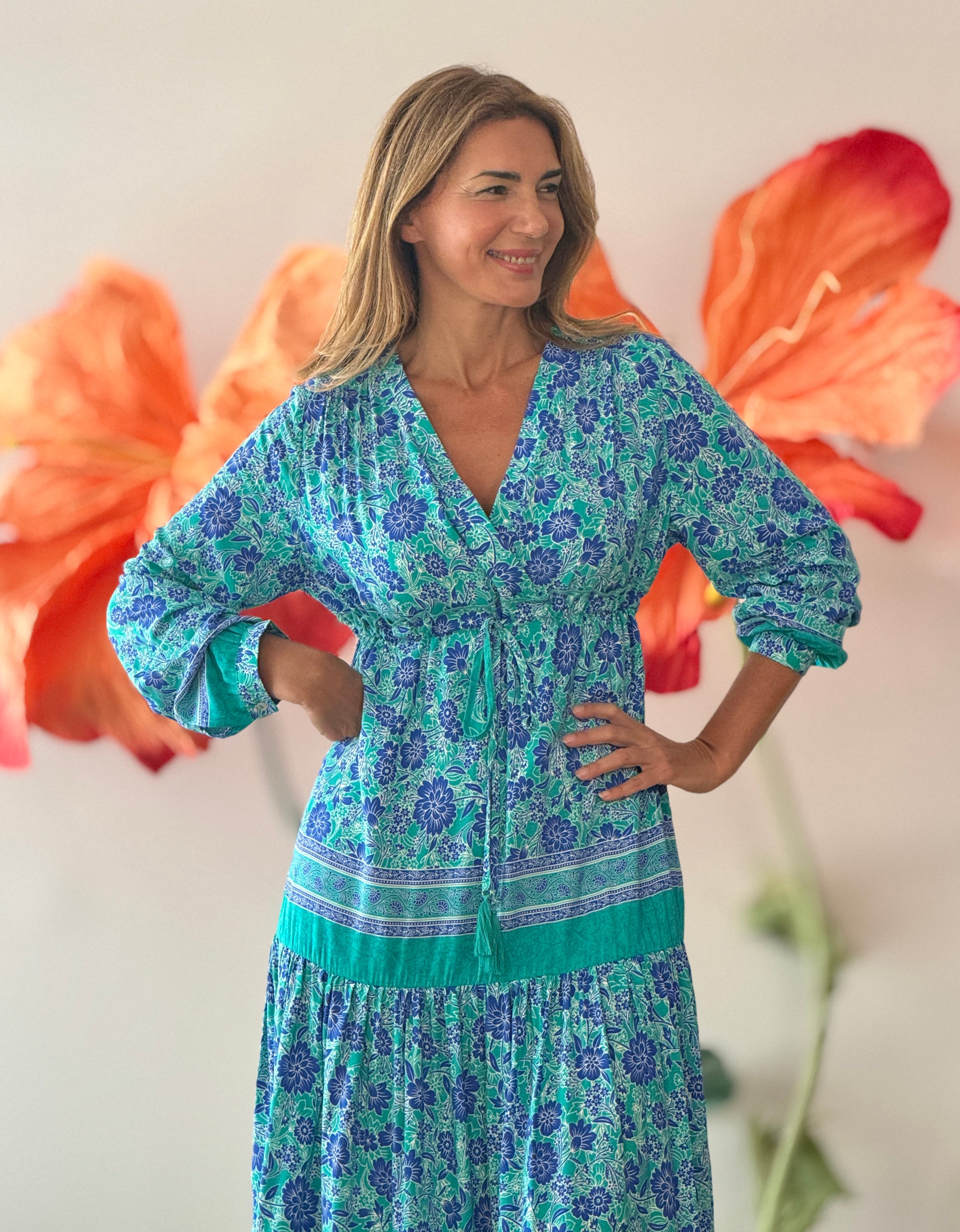 Vestido largo boho estampado azul