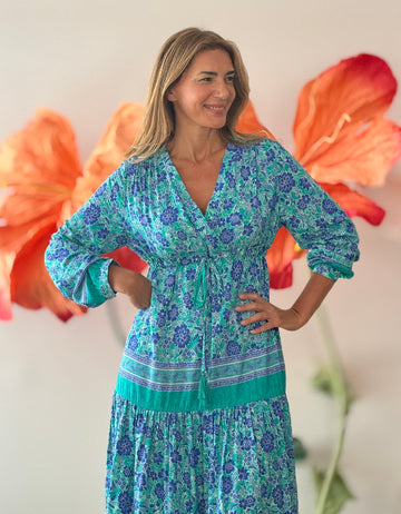 Vestido largo boho estampado azul