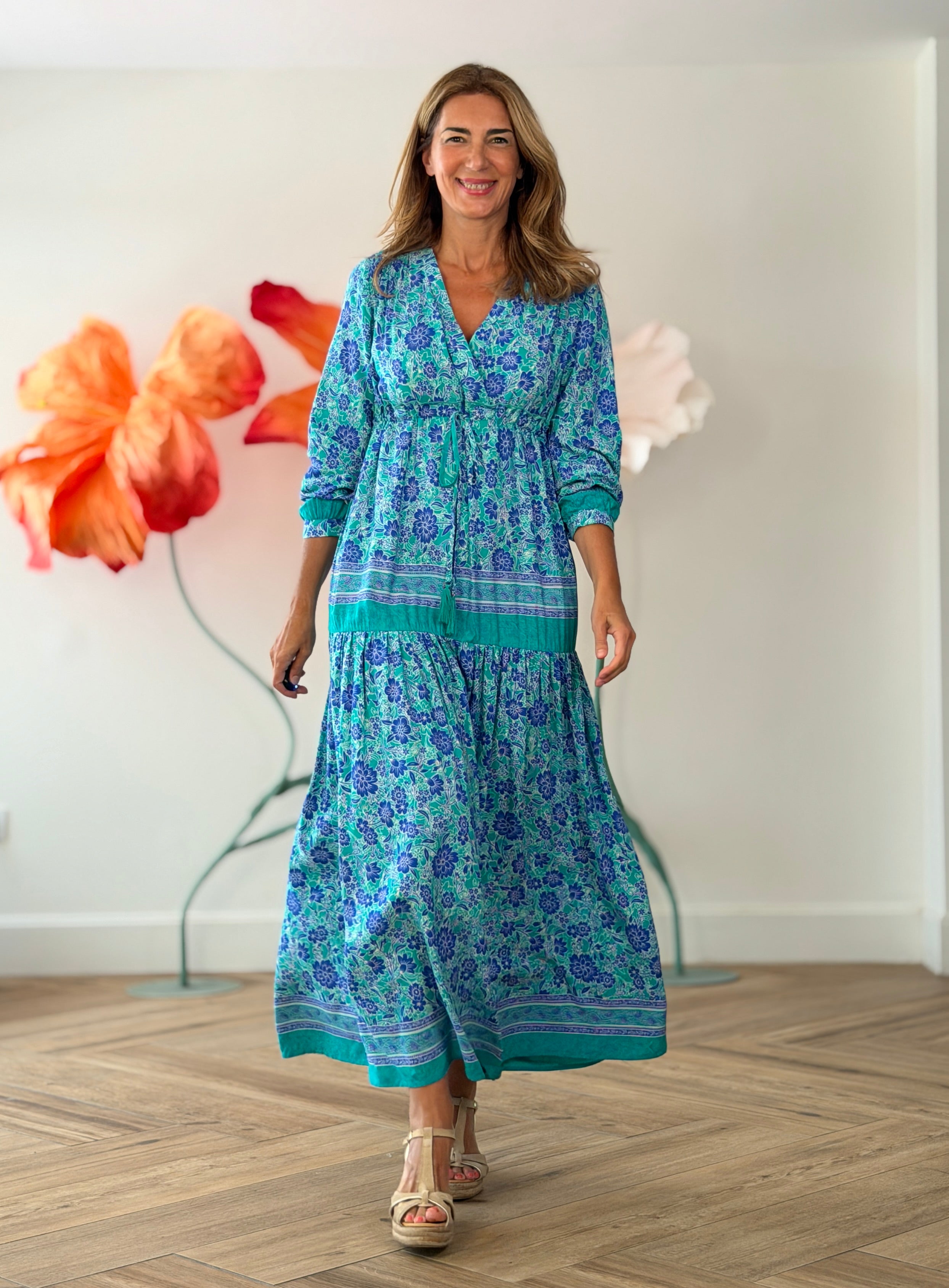 Vestido largo boho estampado azul