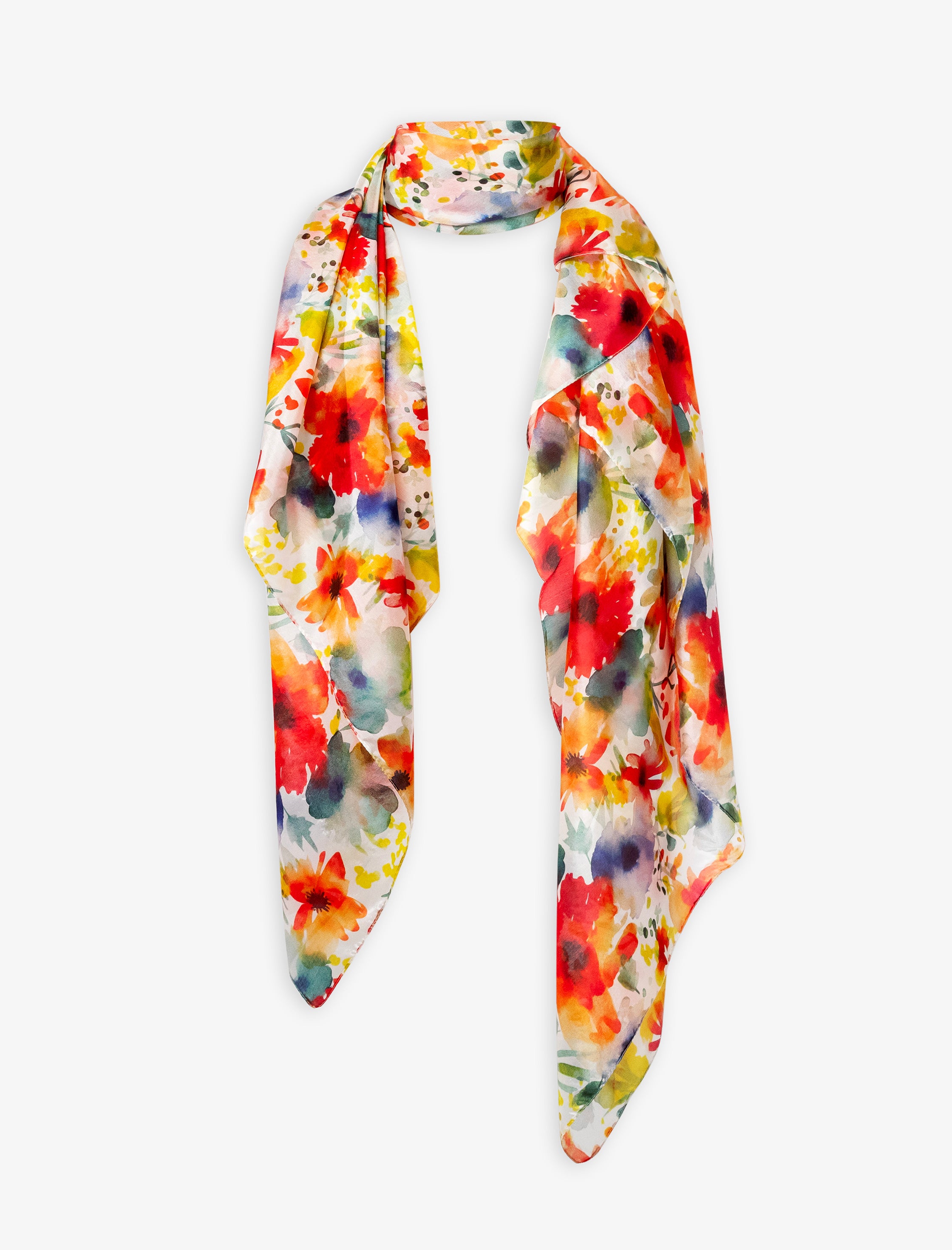 Pañuelo de seda Fiore con estampado en naranja, azul y rojo – Nuria Cobo