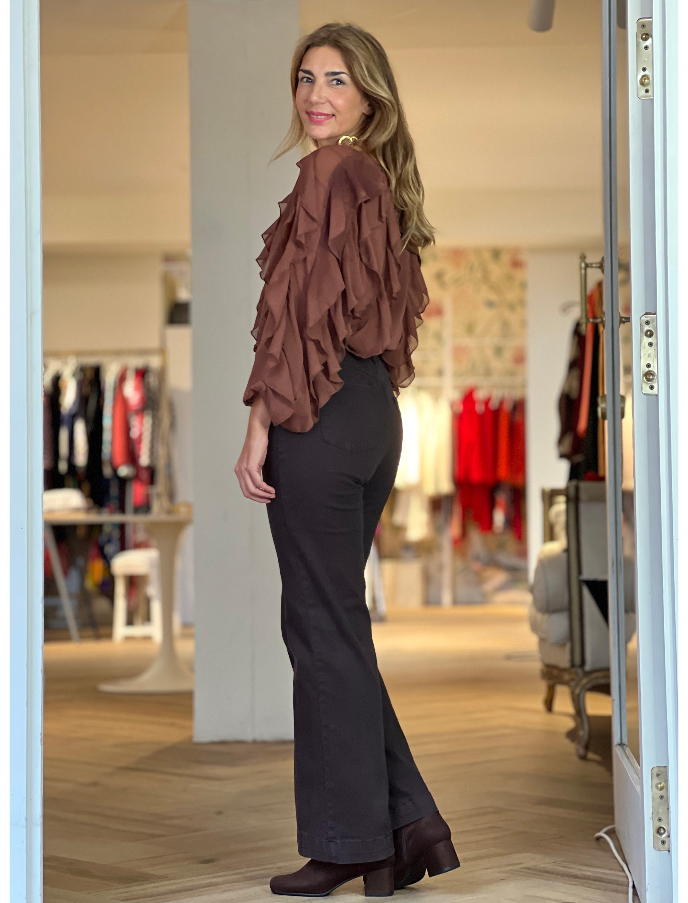 Camisa marrón gasa volantes chic