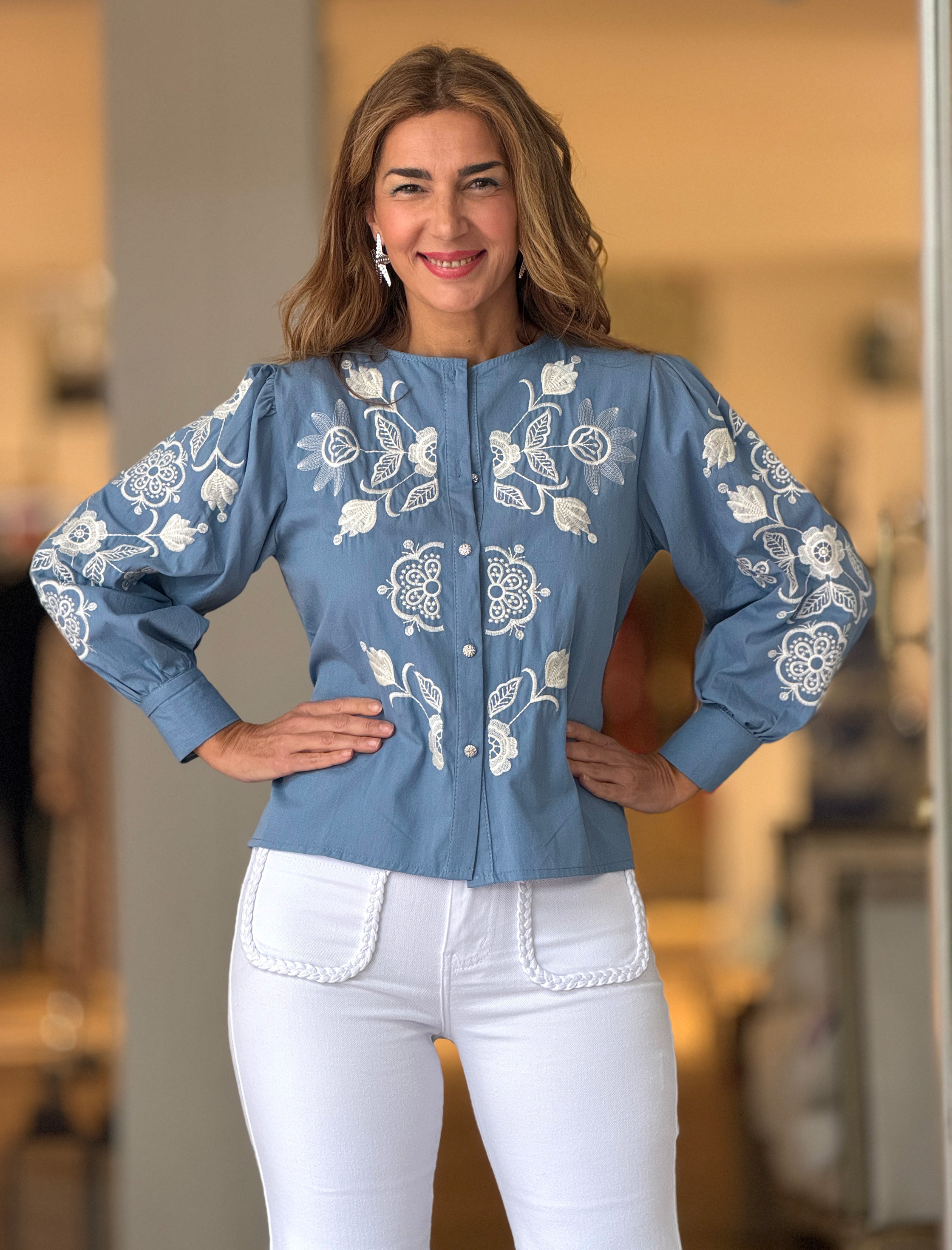 Ideal Women's Blue Shirt with Embroidered Flowers | Nuria Cobo