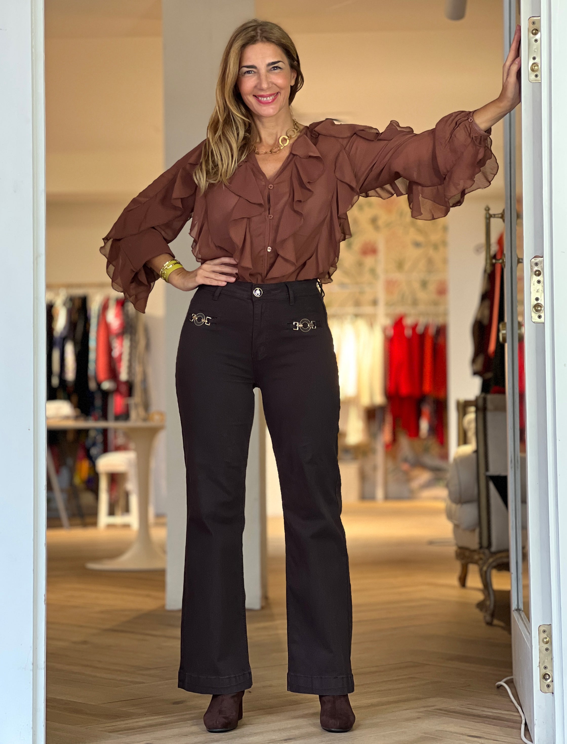 Camisa marrón gasa volantes chic