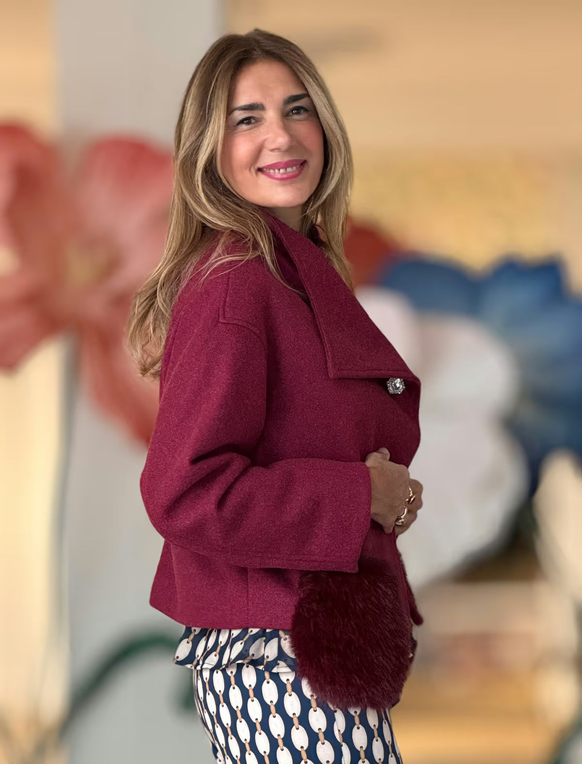 Burgundy jacket with fuzzy pocket (name Nuria pending)