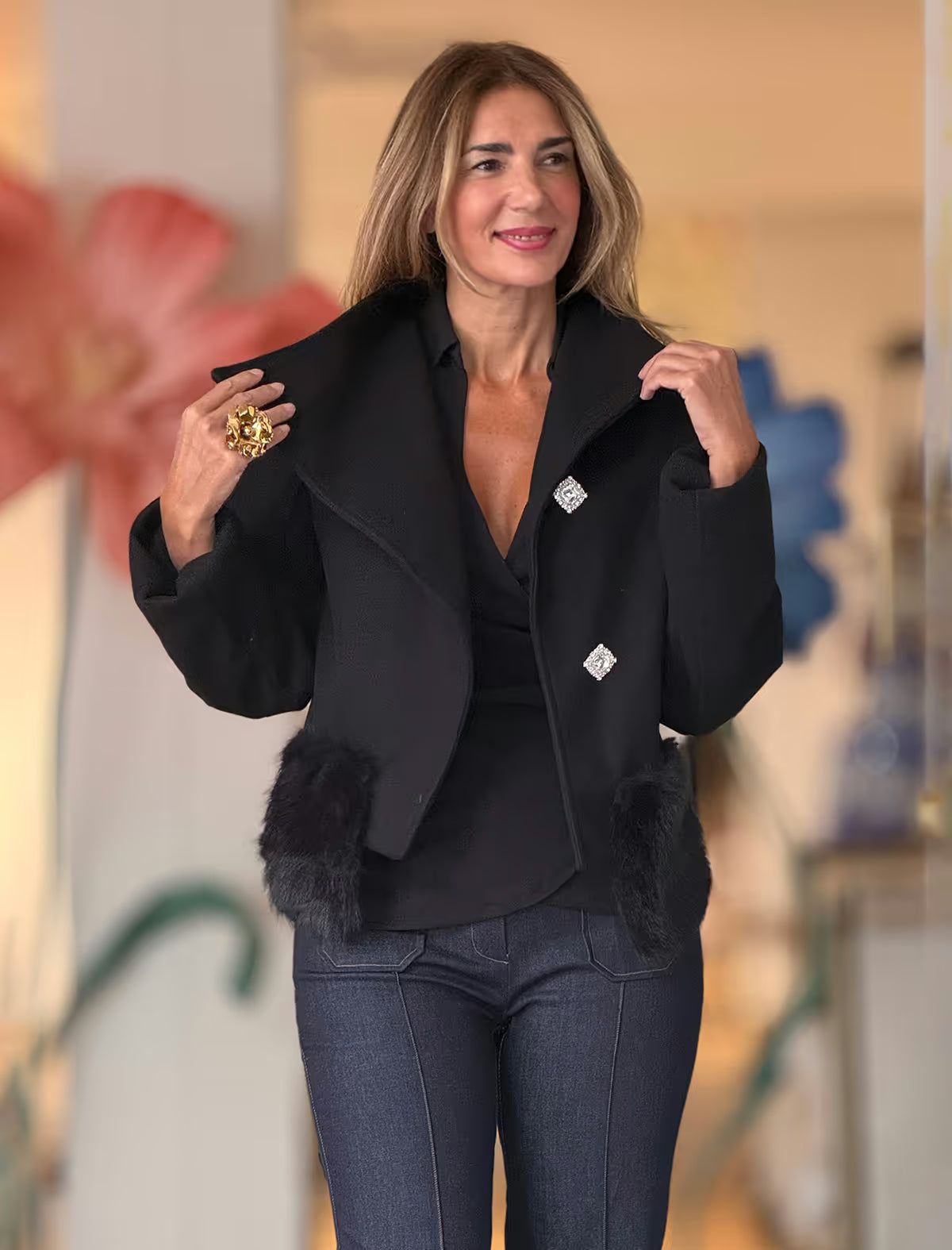 Black jacket with fuzzy pocket (name Nuria pending)