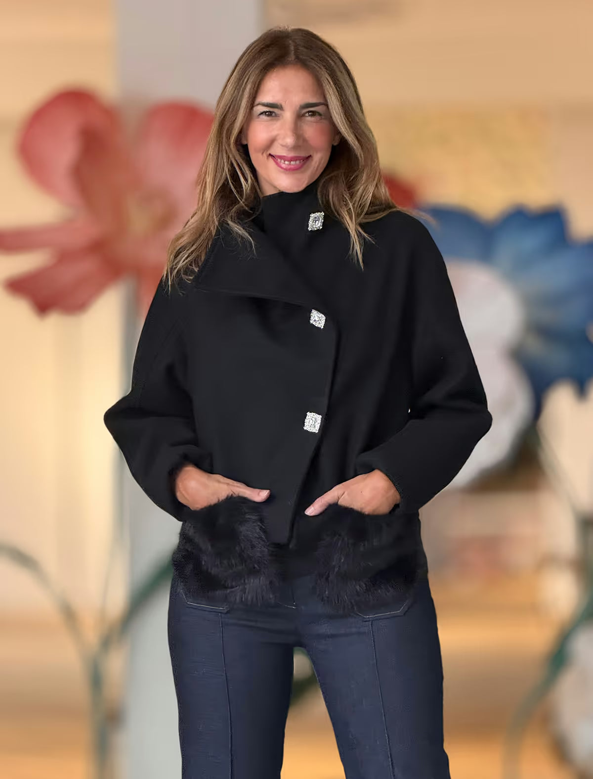 Black jacket with fuzzy pocket (name Nuria pending)