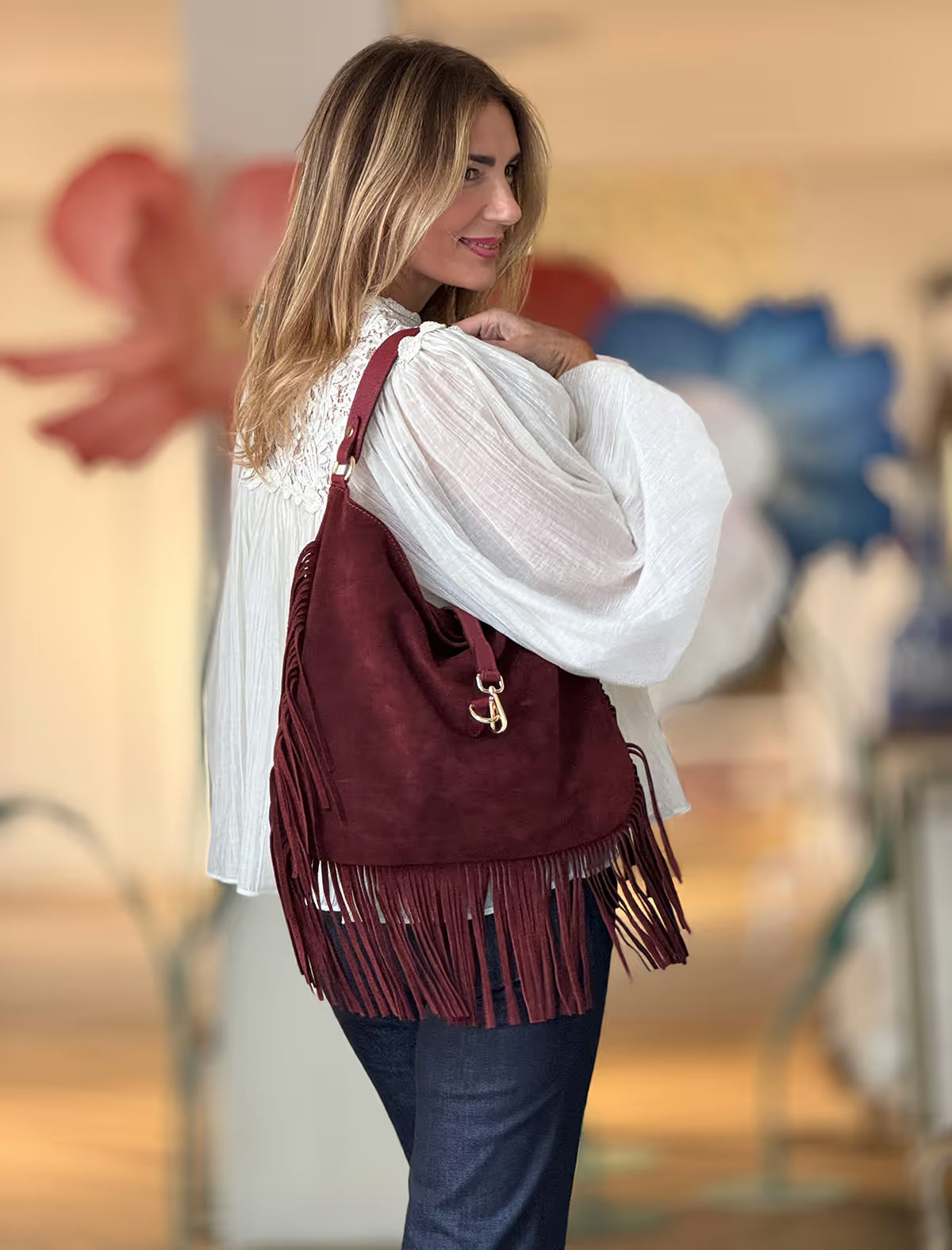 Bolso de flecos boho Burdeos