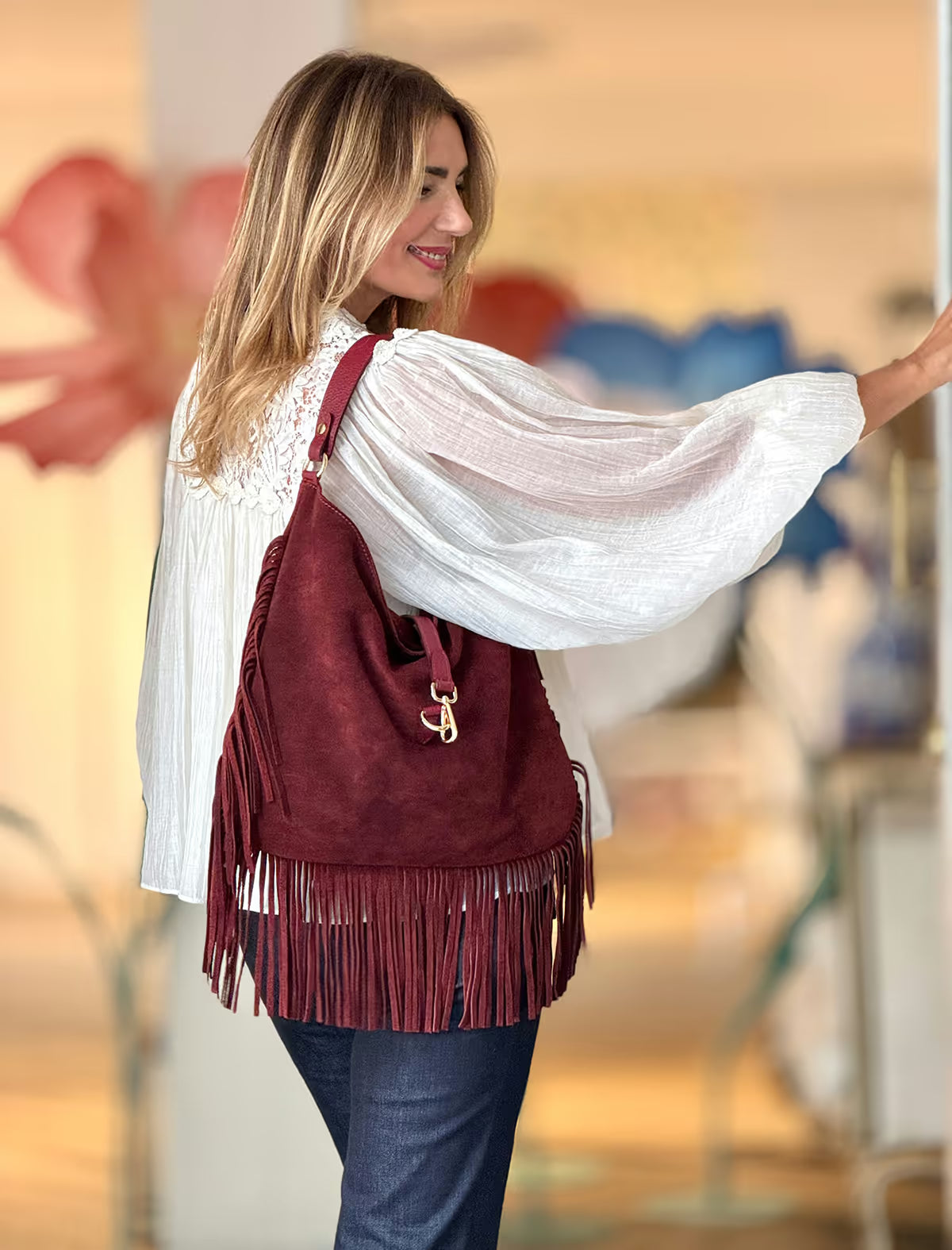 Bolso de flecos boho Burdeos