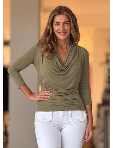 Camiseta drapeada de viscosa caqui