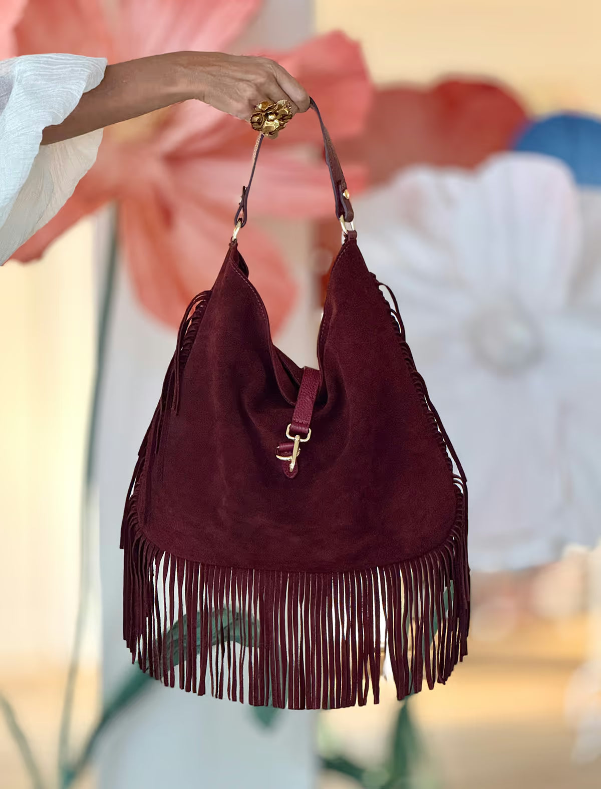 Bolso de flecos boho Burdeos