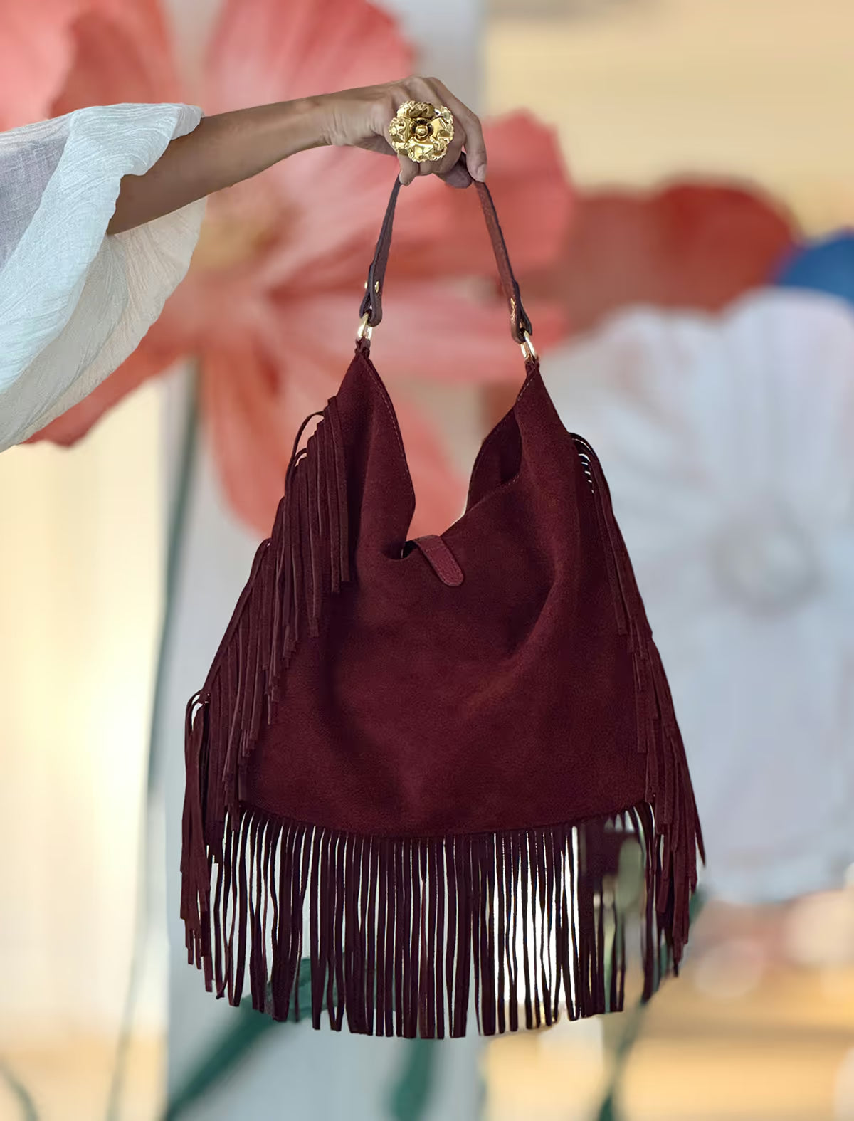 Bolso de flecos boho Burdeos