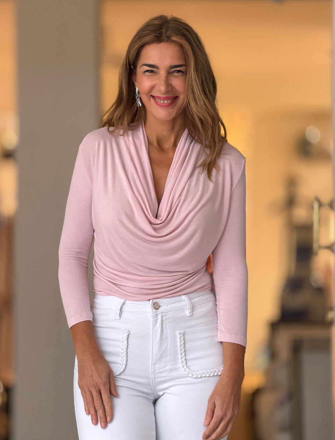 Camiseta drapeada de viscosa rosa