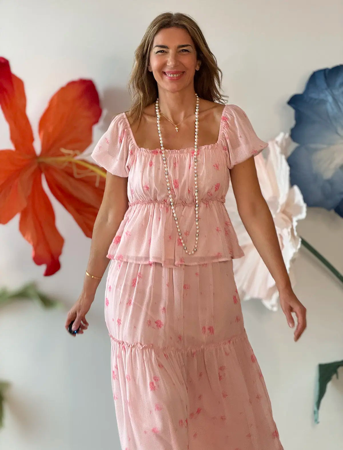 Camisa y falda larga boho rosa