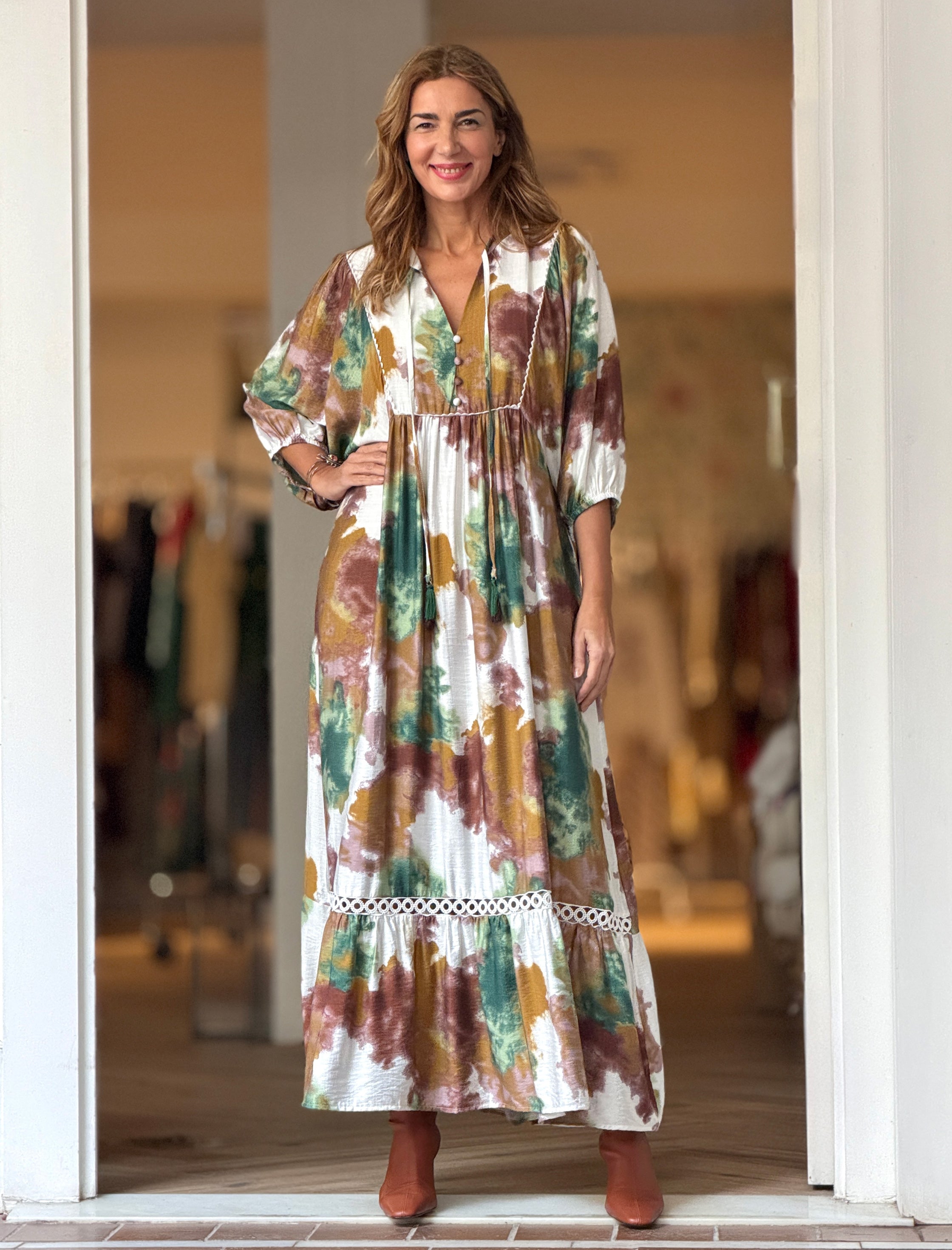 Vestido Ideal boho fluido arena