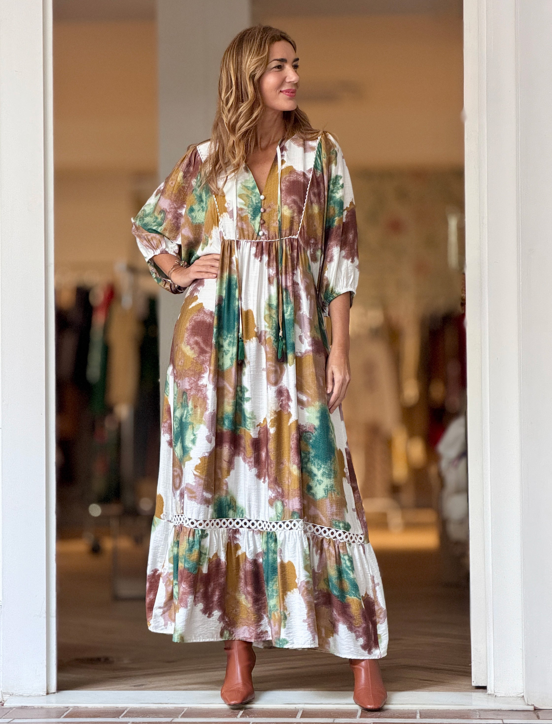Vestido Ideal boho fluido arena