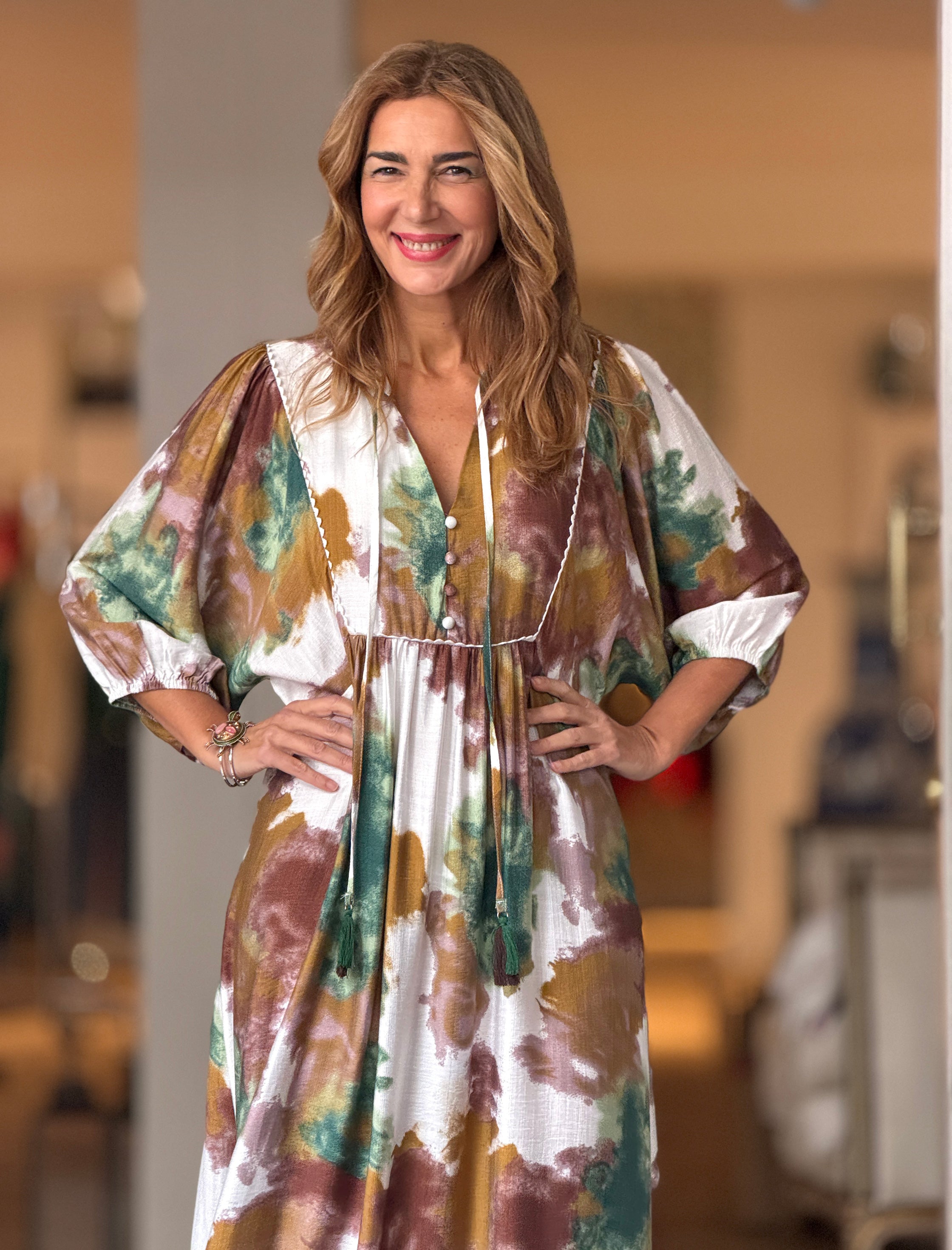 Vestido Ideal boho fluido arena