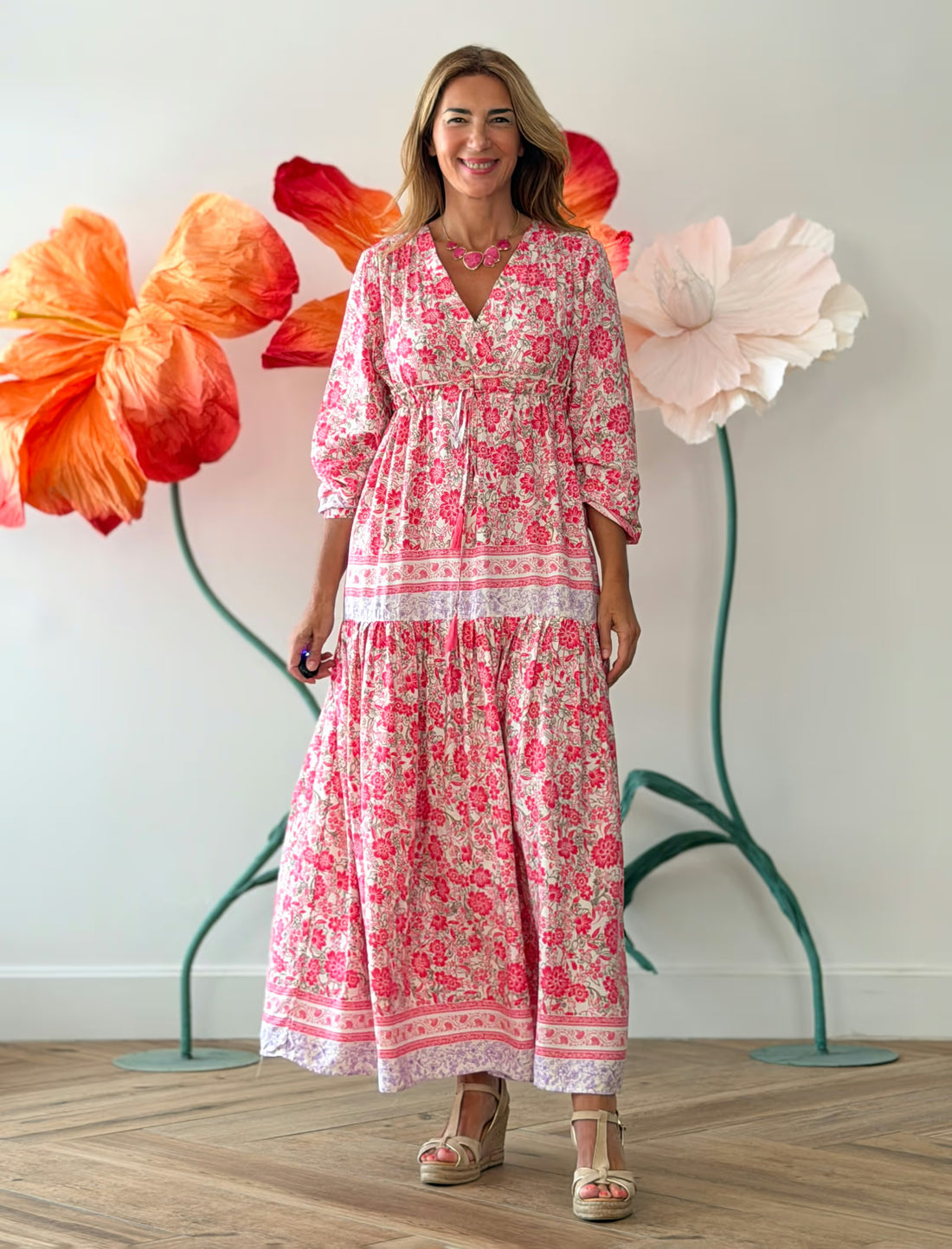 Vestido largo boho estampado rosa