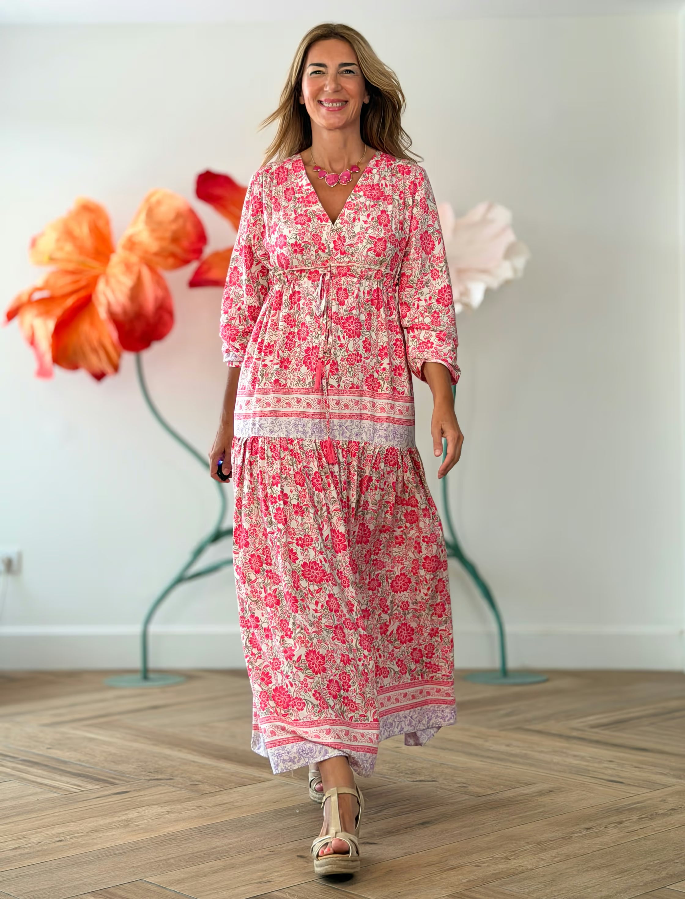 Vestido largo boho estampado rosa