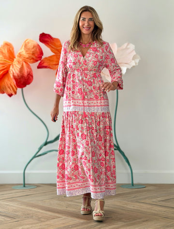 Vestido largo boho estampado rosa
