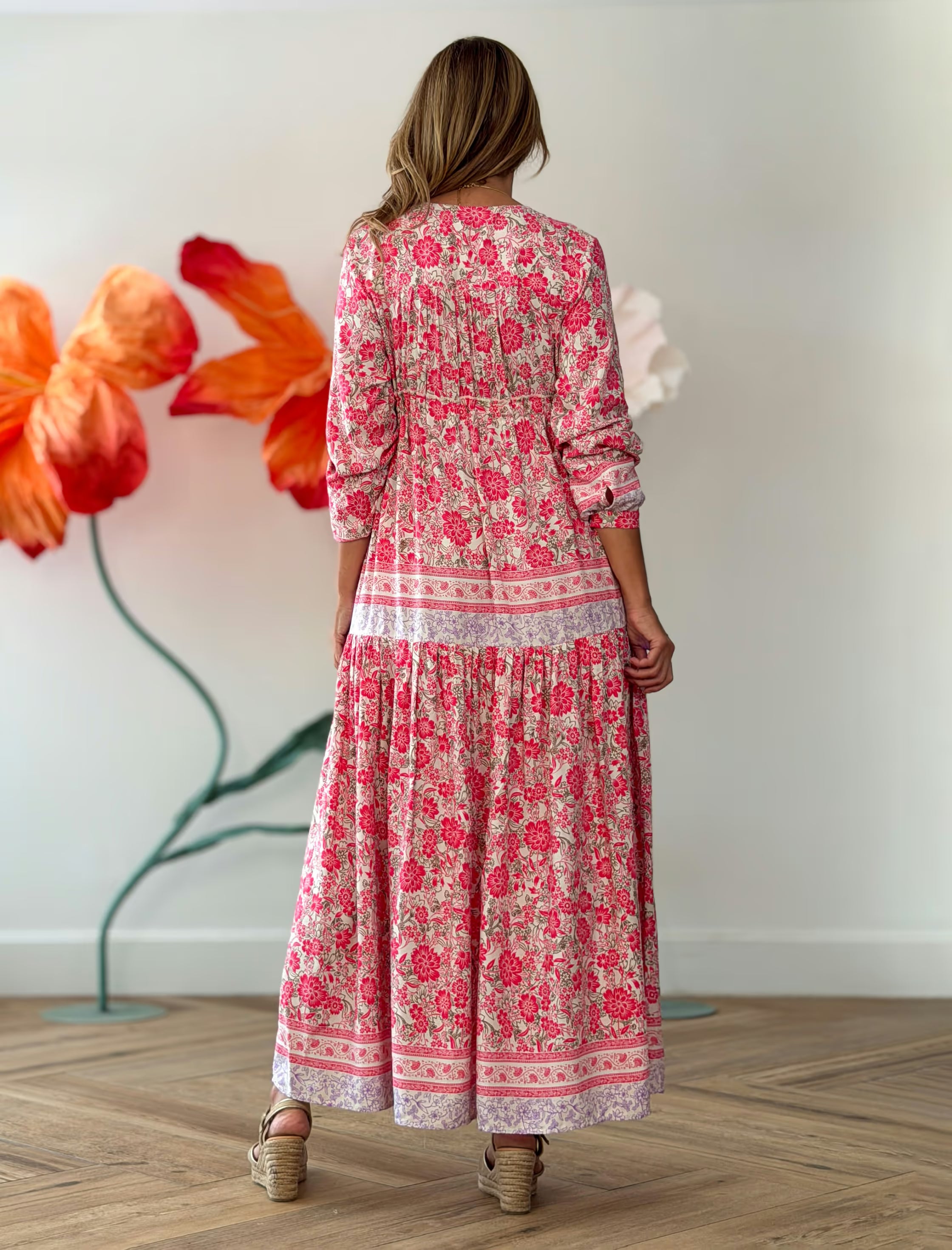 Vestido largo boho estampado rosa