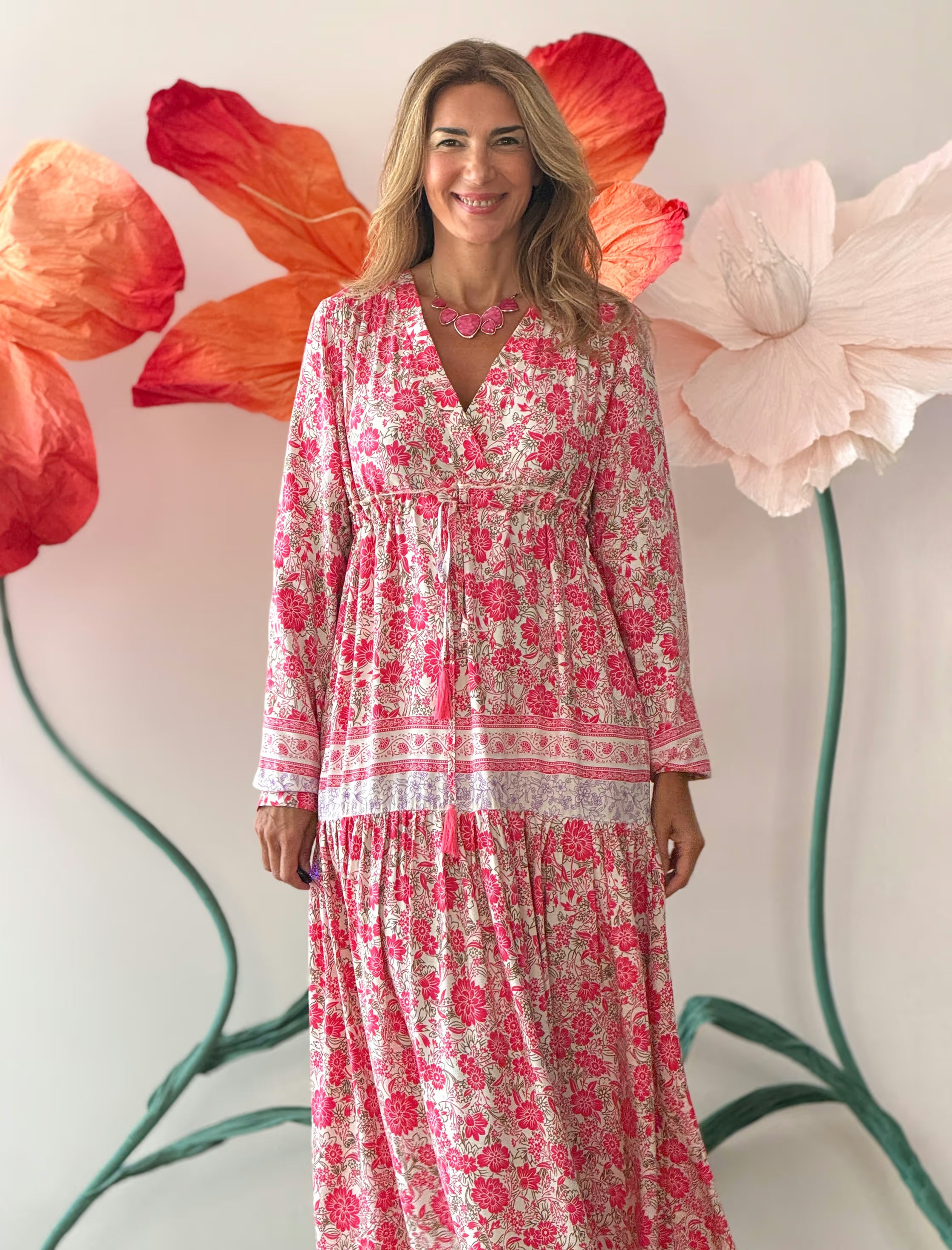 Vestido largo boho estampado rosa