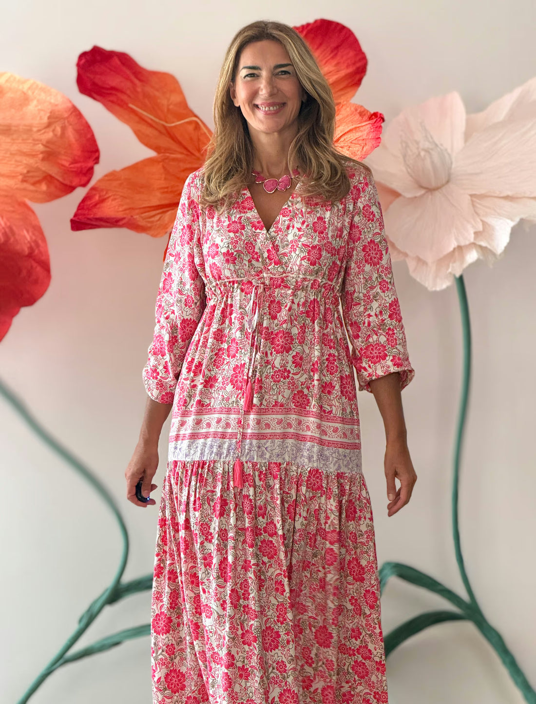 Vestido largo boho estampado rosa