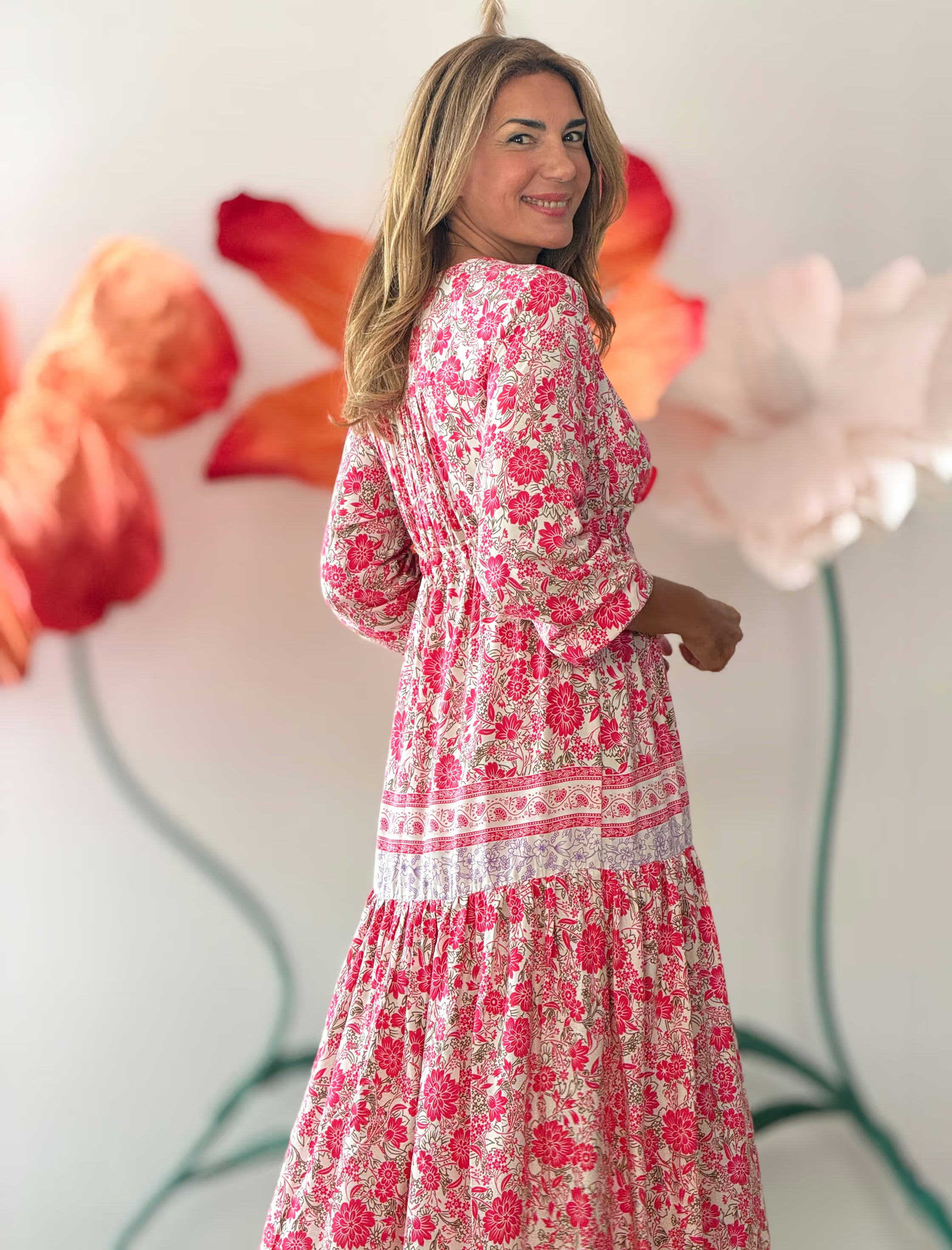 Vestido largo boho estampado rosa