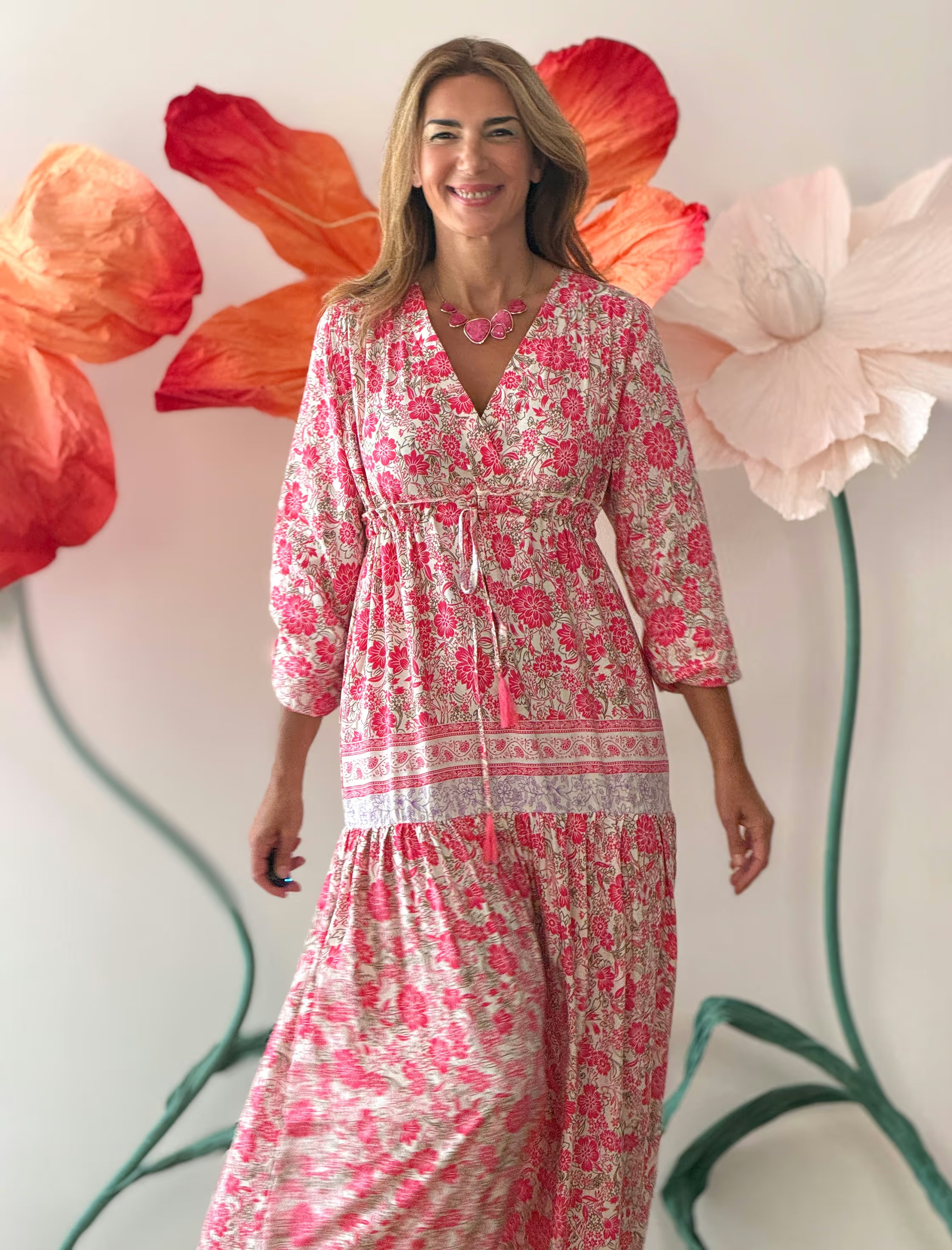 Vestido largo boho estampado rosa