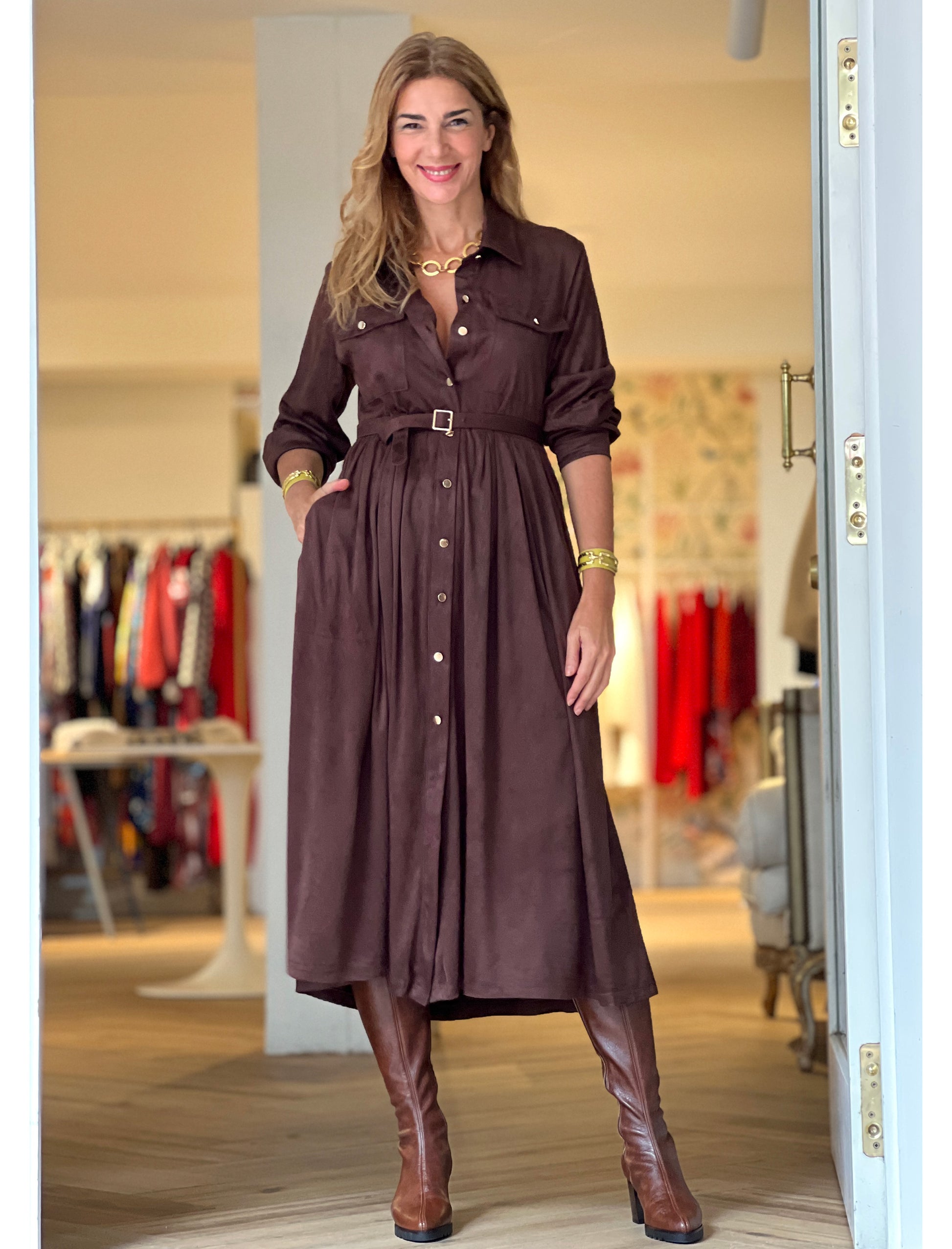 chocolate brown shirt dress Lindsay Nicholas Ny Tuxedo In In Chocolate, Size M Includes hidden side pockets for effortless summer style. Mikaila Asymmetric Shirt Dress /