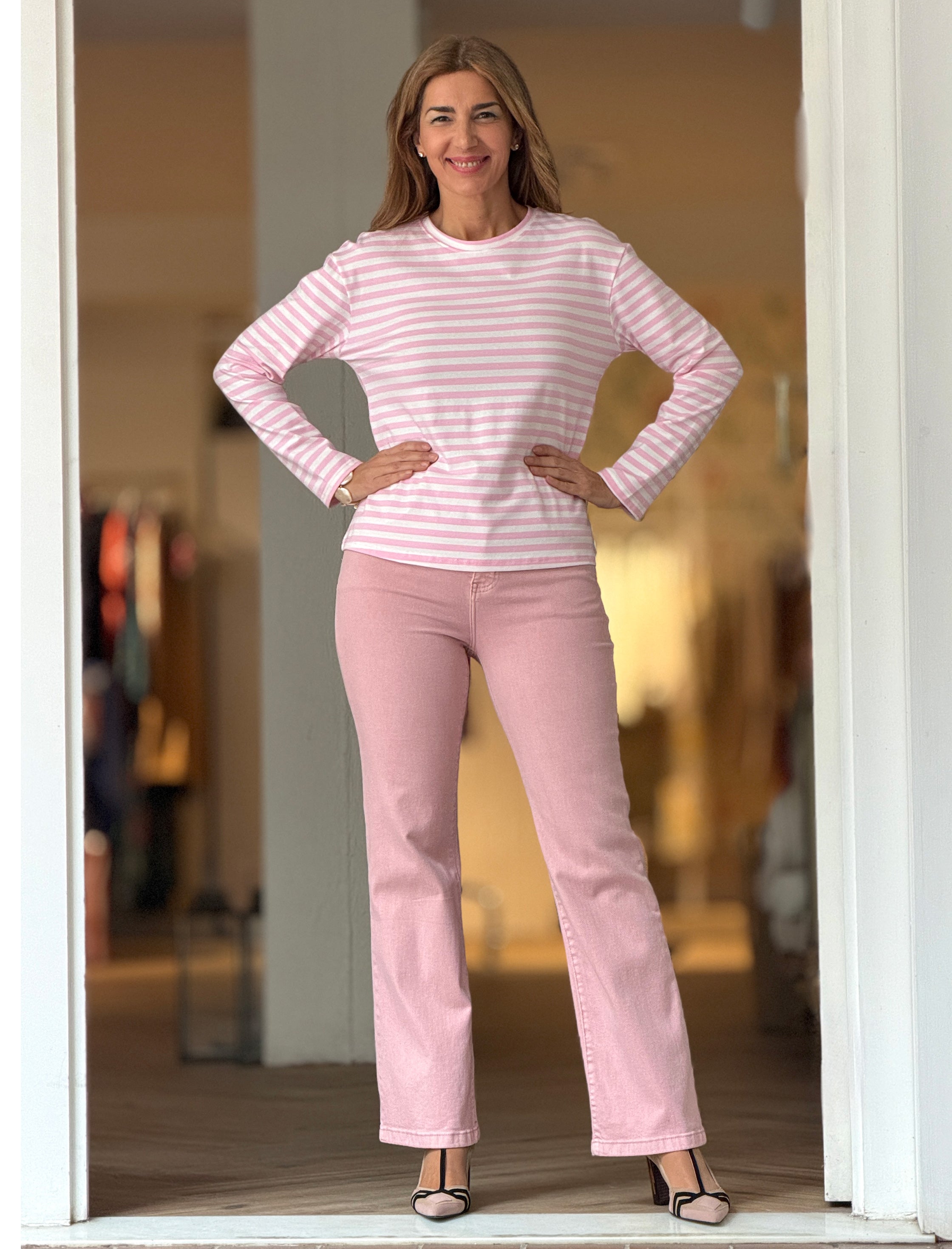 Camiseta marinera muy chic rosa  blanca