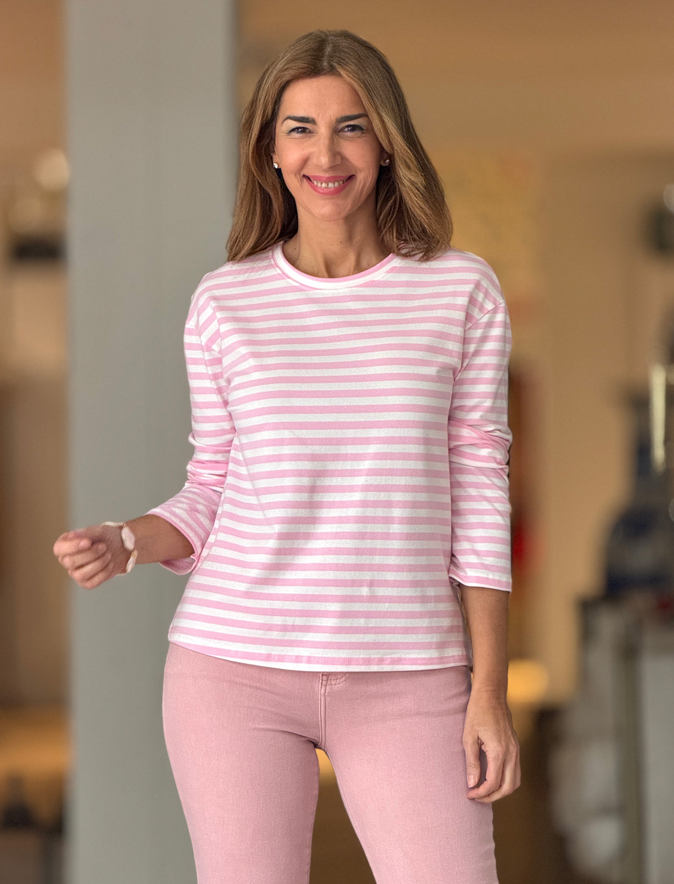 Camiseta marinera muy chic rosa  blanca
