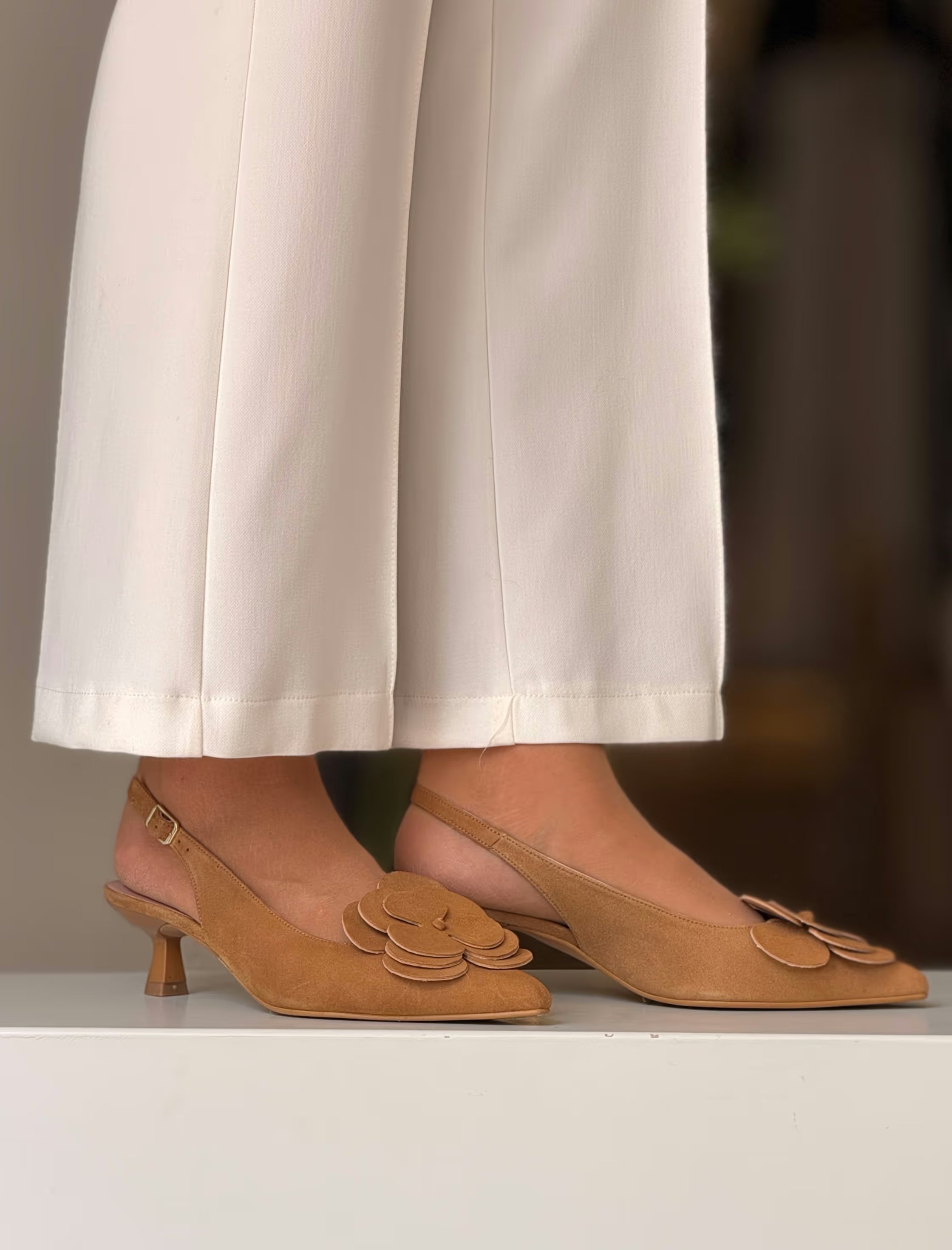 Camel mid-heel backless pump ideal