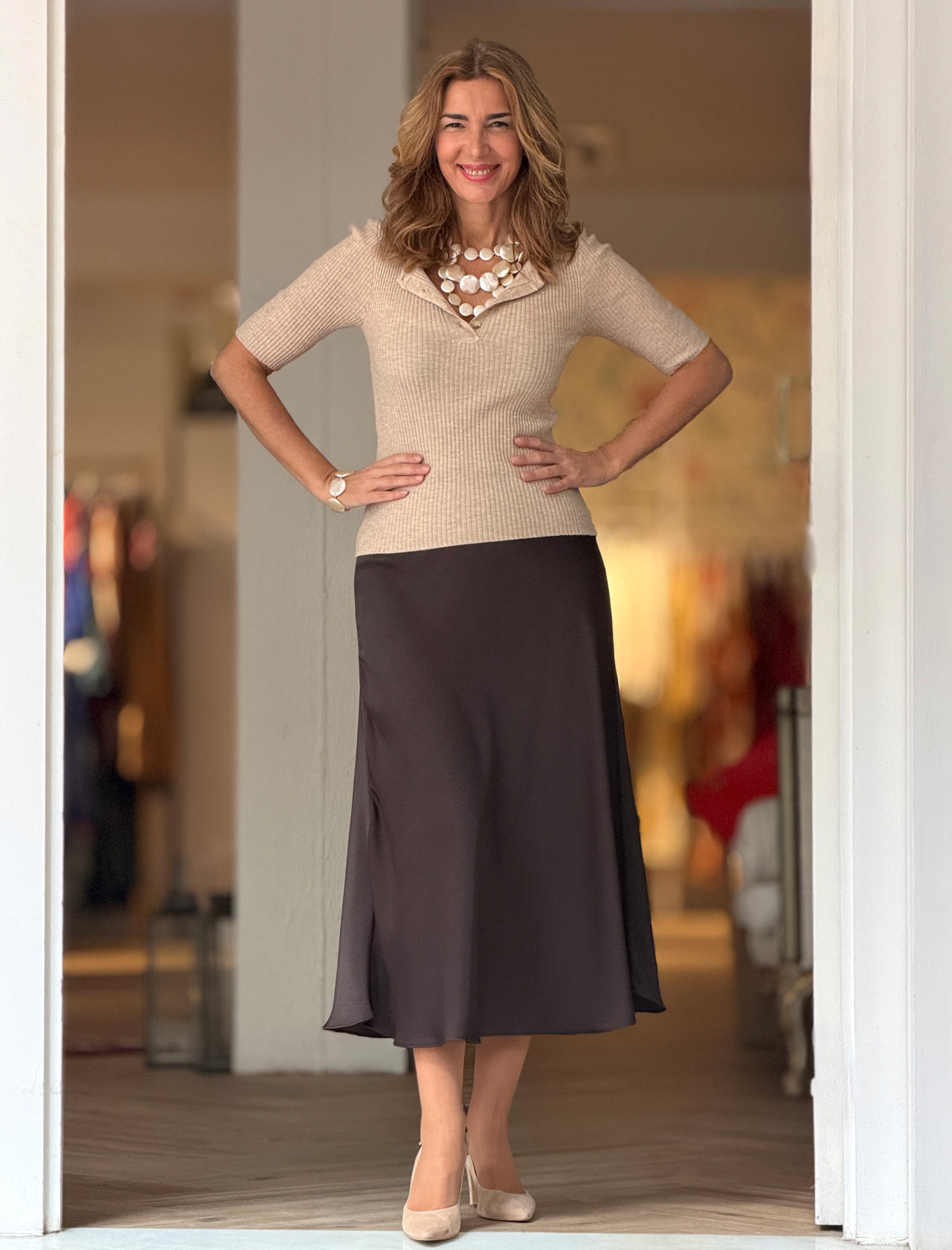 Camiseta beige de canalé suave