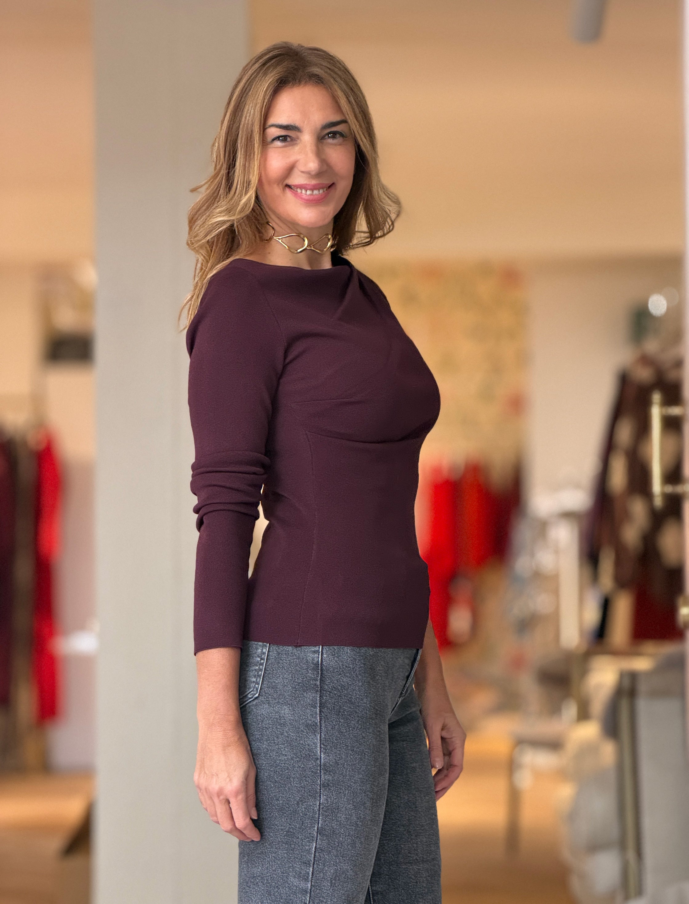 Jersey berenjena pliegues chic