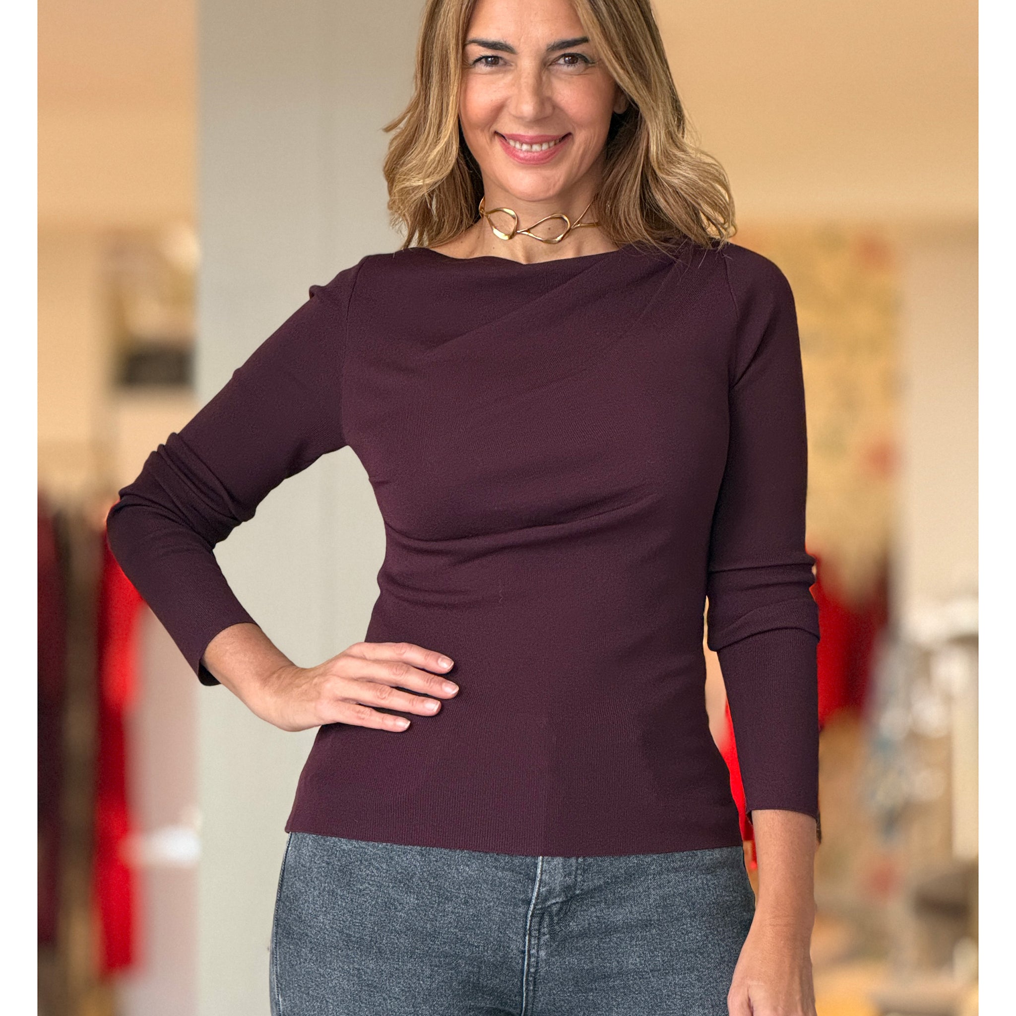 Jersey berenjena pliegues chic