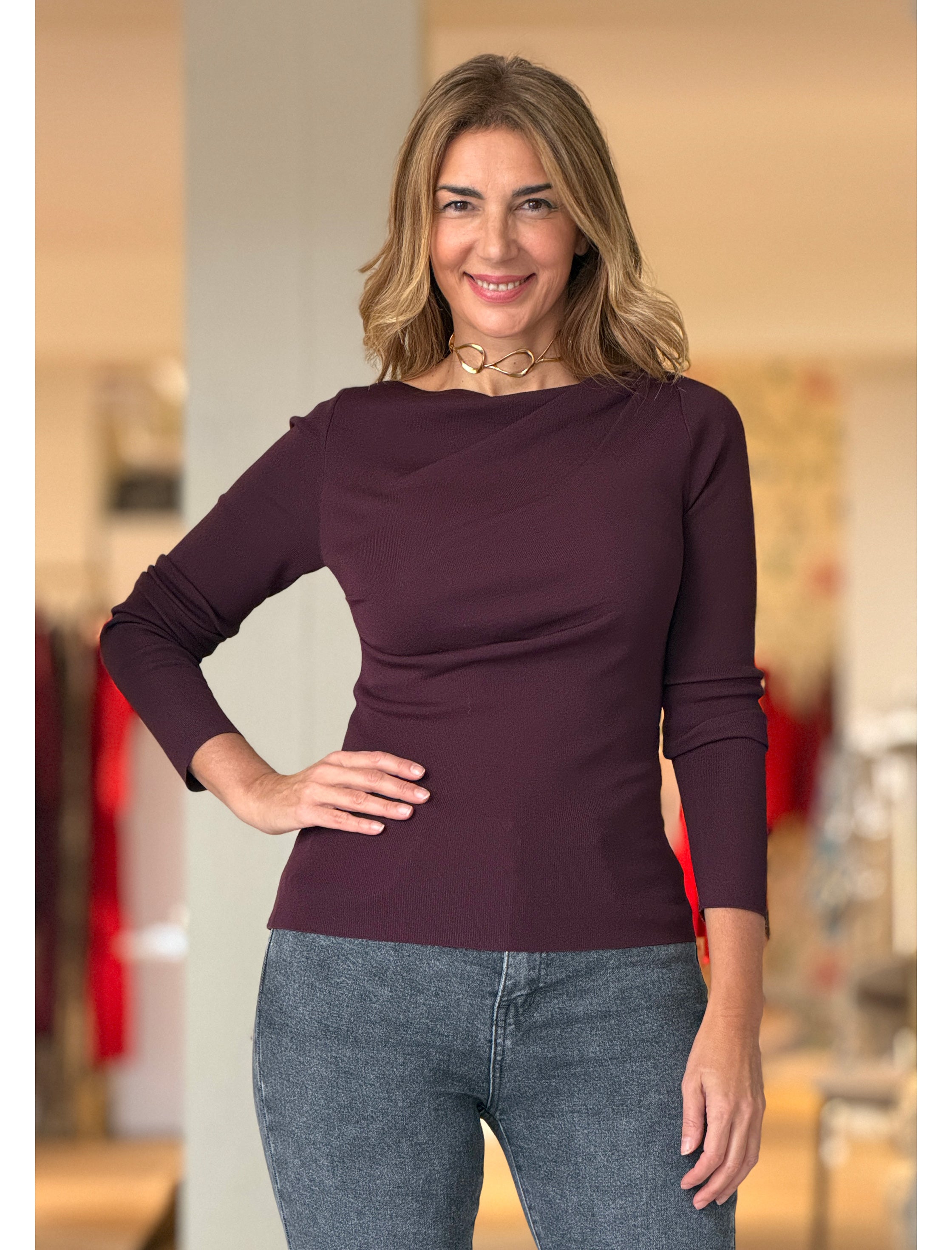 Jersey berenjena pliegues chic