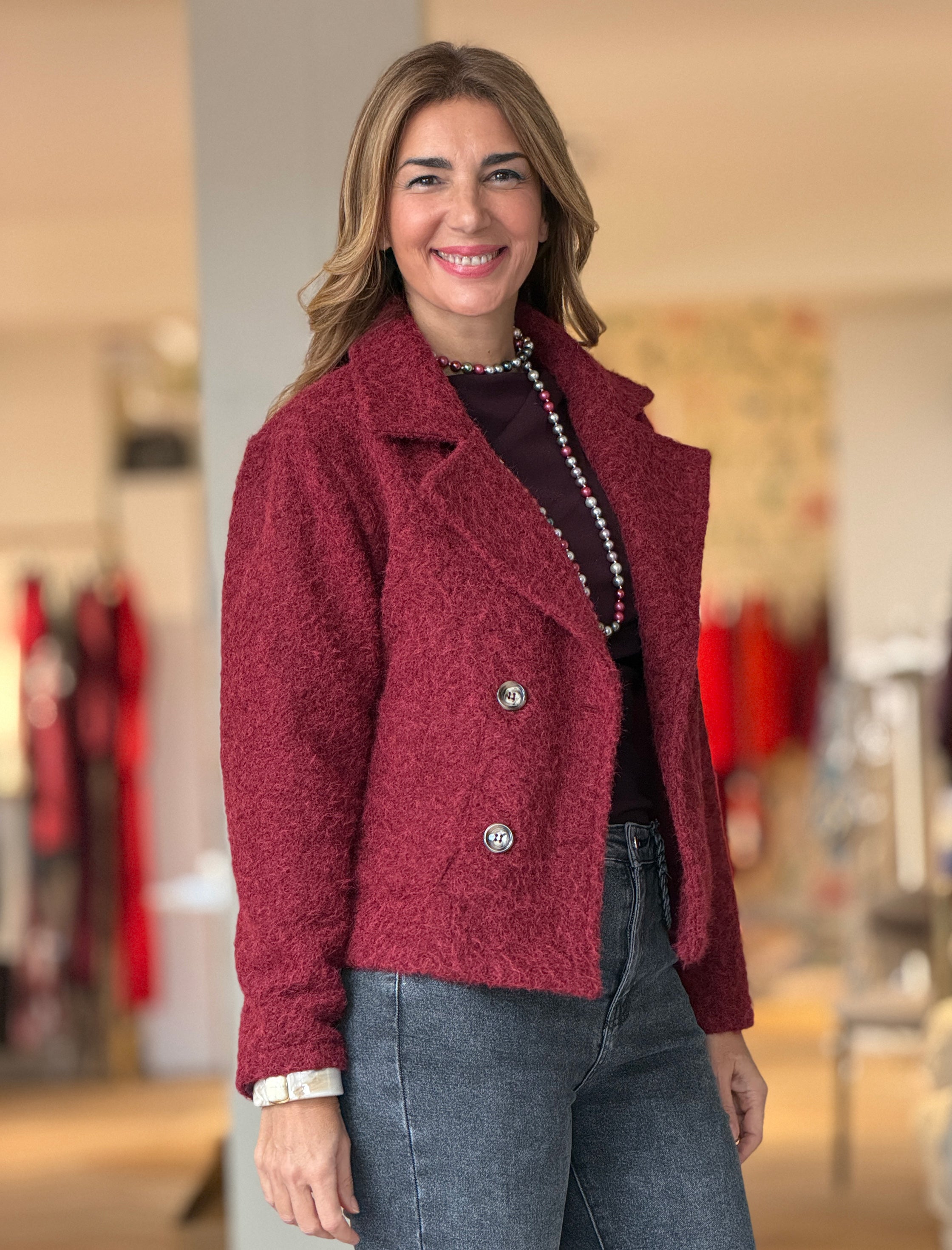 Chaqueta cruzada botones chic burdeos