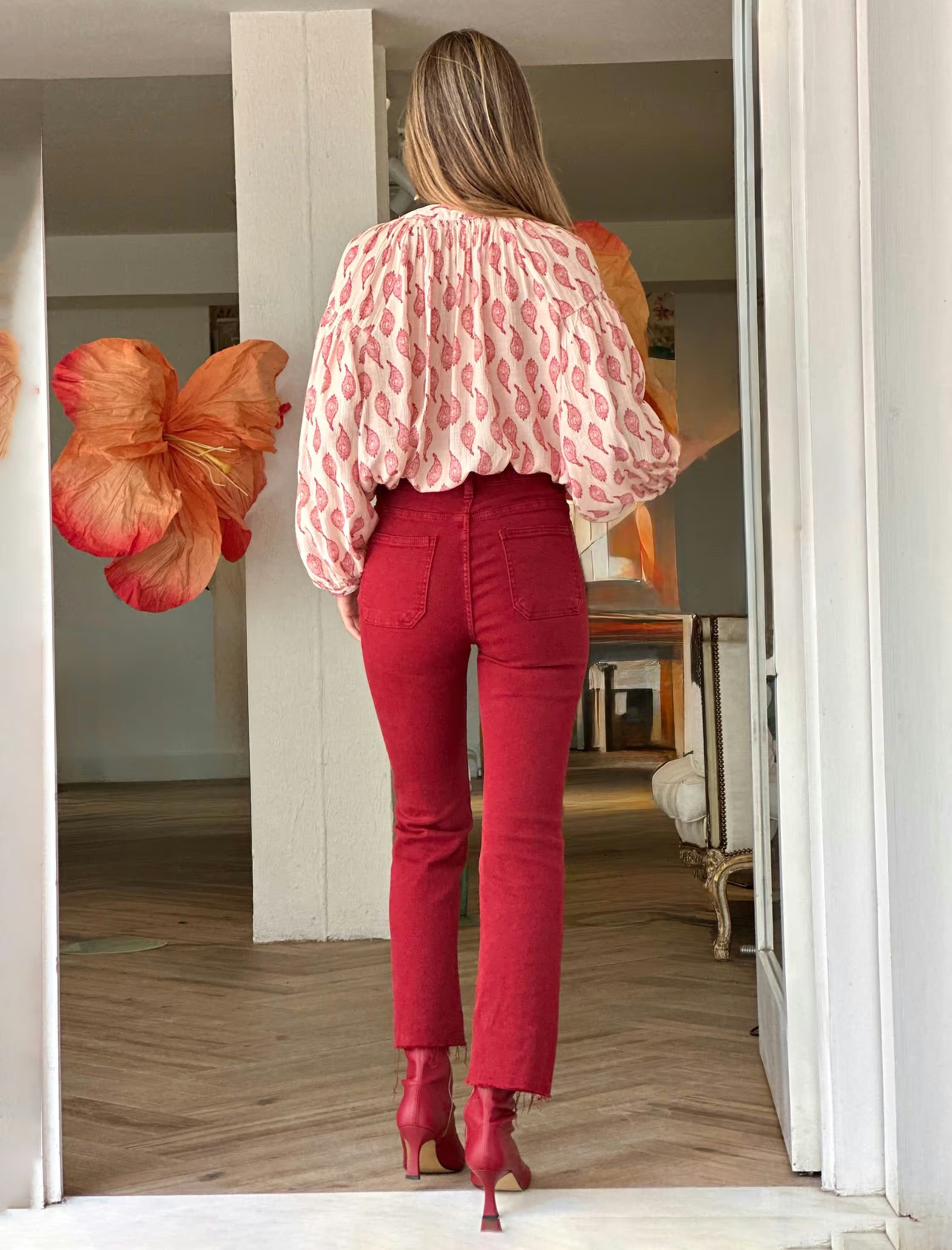 Burgundy stretch denim jeans