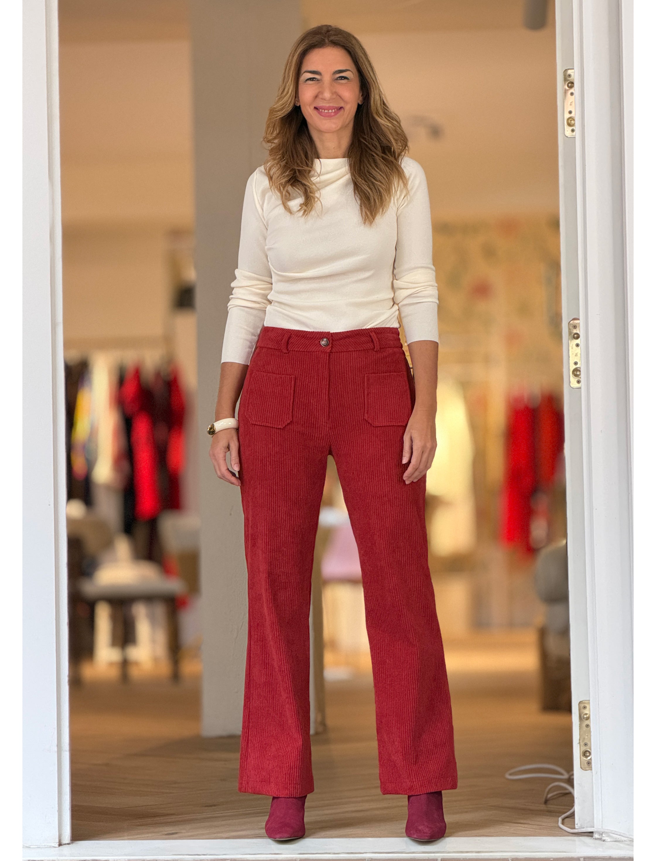 Pantalón de pana mujer ideal teja coral
