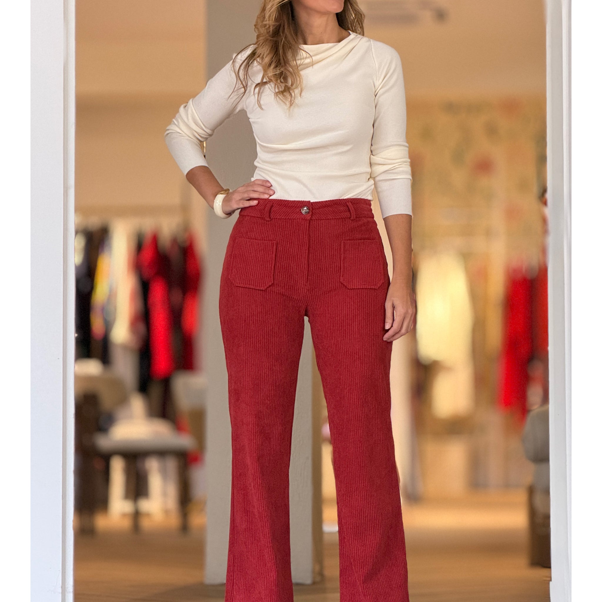 Pantalón de pana mujer ideal teja coral