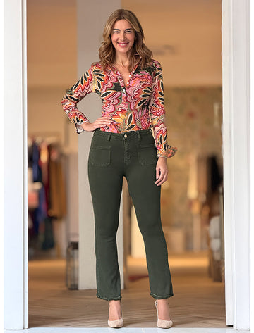 pantalón caqui vaquero flare elástico