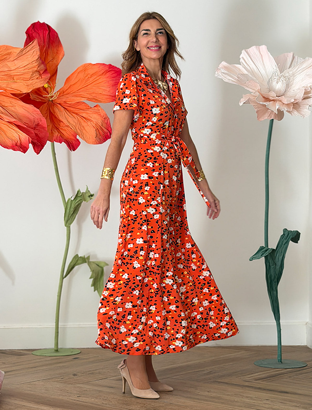 Vestido camisero flowers orange