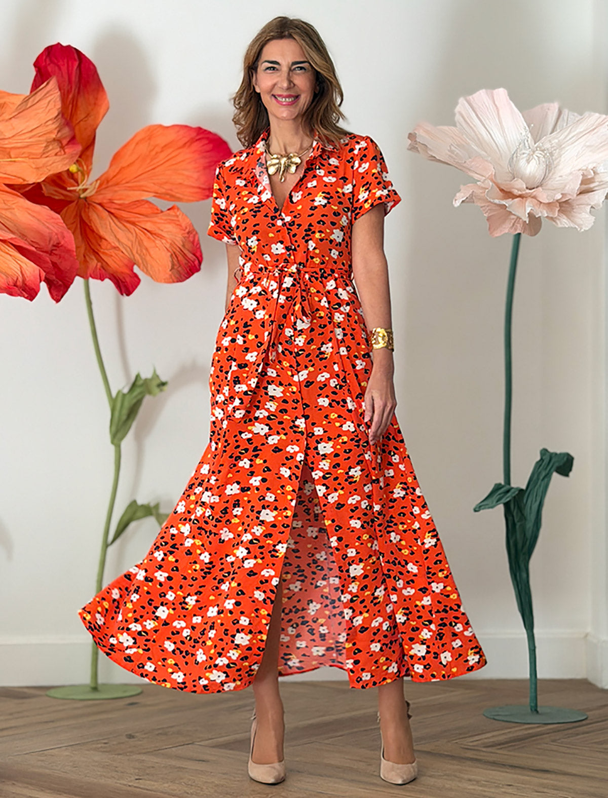 Vestido camisero flowers orange