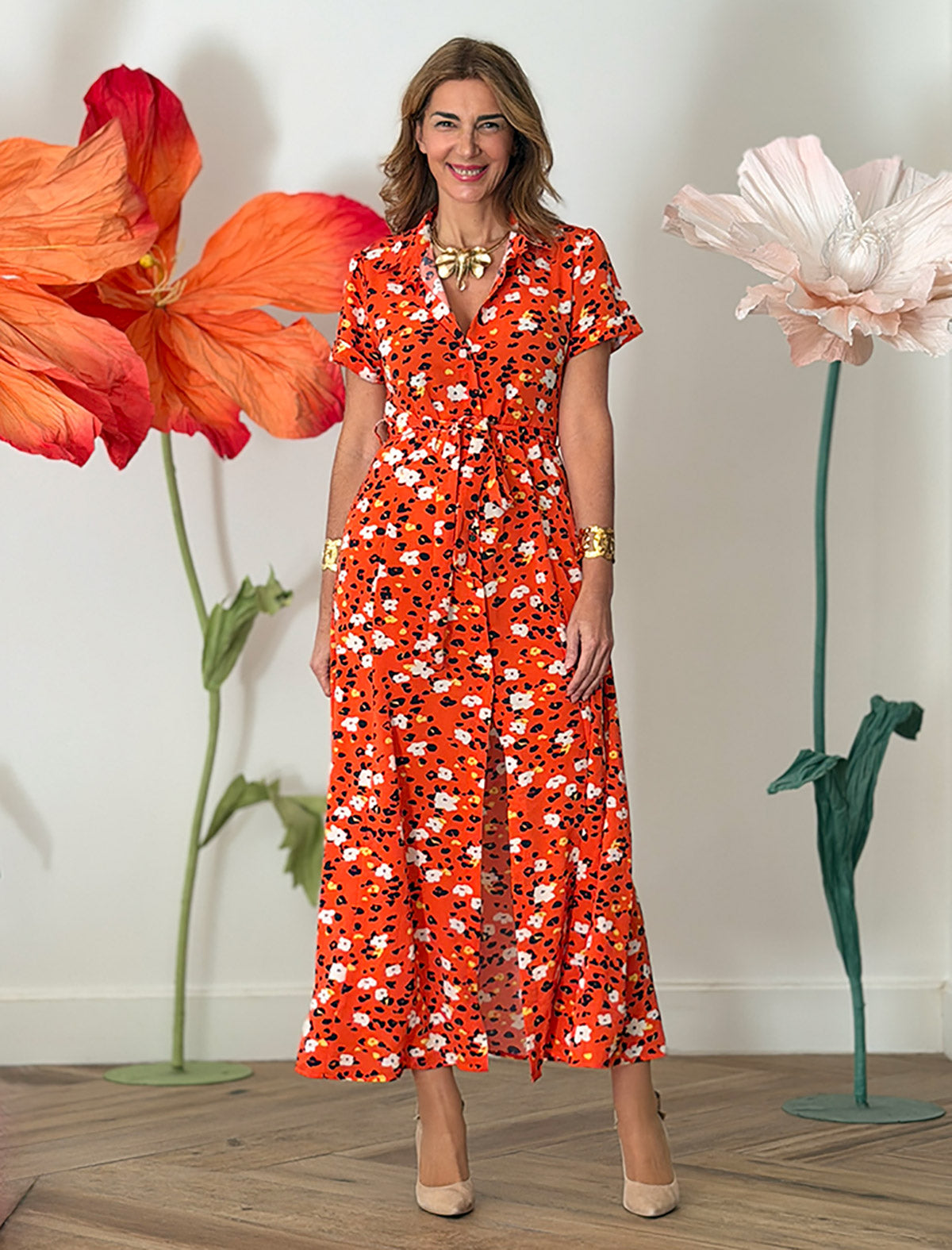 Vestido camisero flowers orange