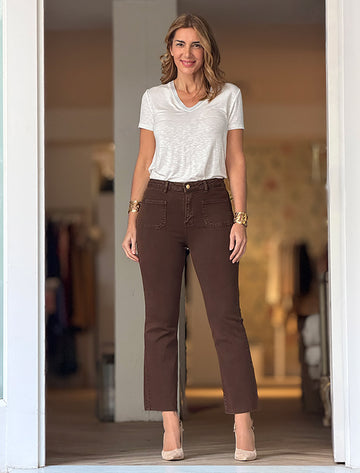 Pantalón vaquero marrón flare elástico